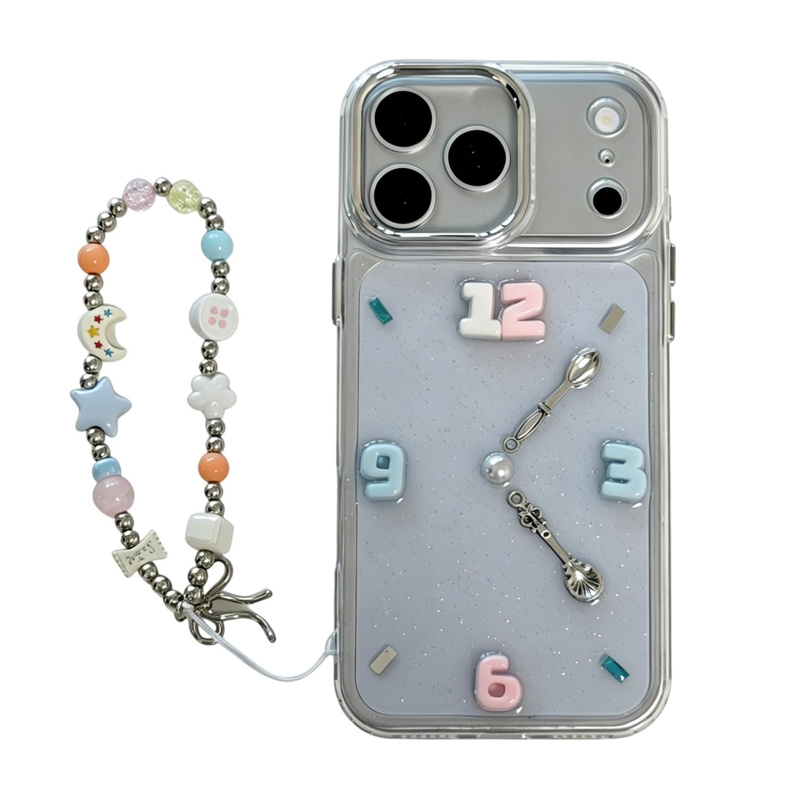 For iPhone 17 Pro Max Creative Clock Design Epoxy Resin Phone Case with Bracelet(Transparent) - Shopkiz.com