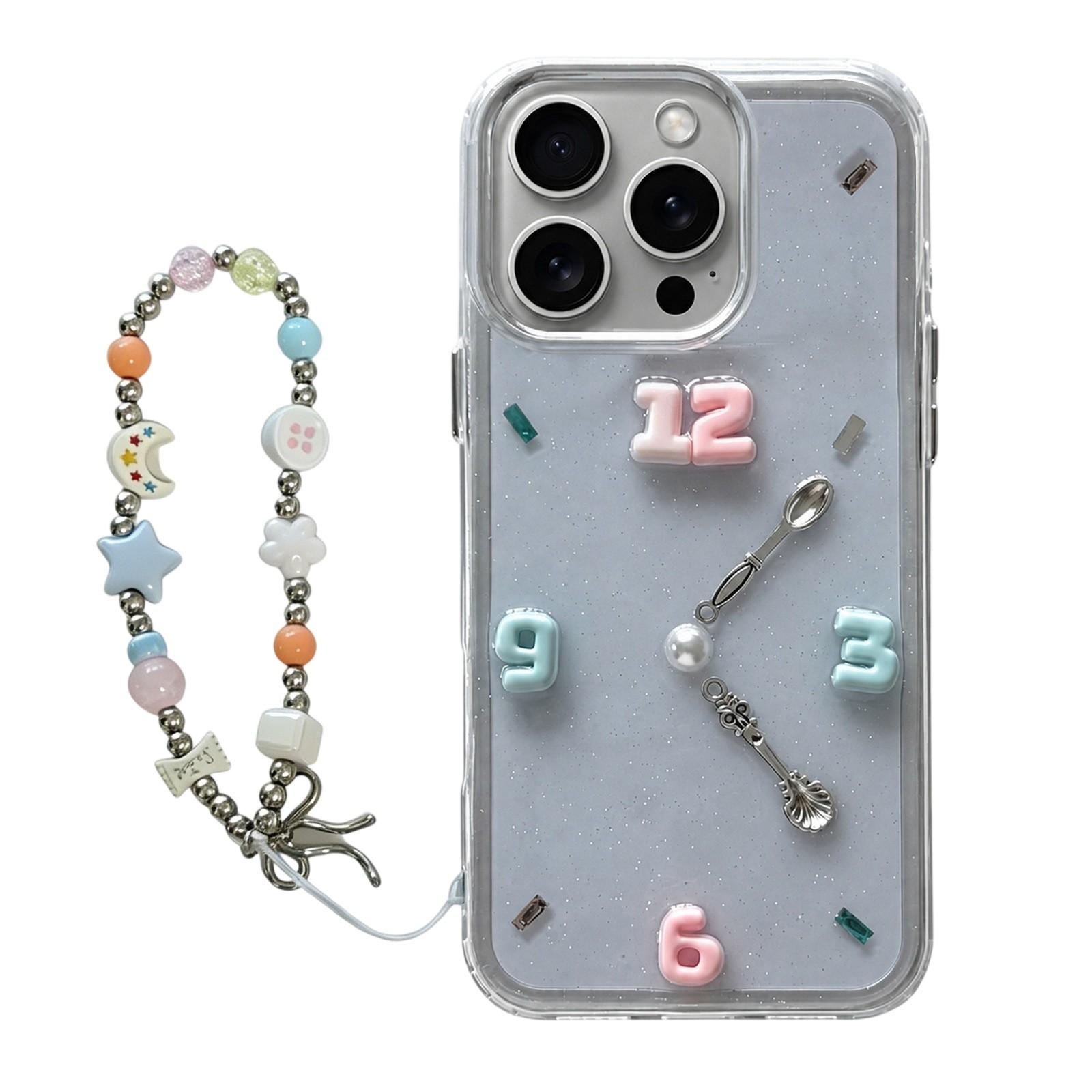 For iPhone 16 Pro Max Creative Clock Design Epoxy Resin Phone Case with Bracelet(Transparent) - Shopkiz.com