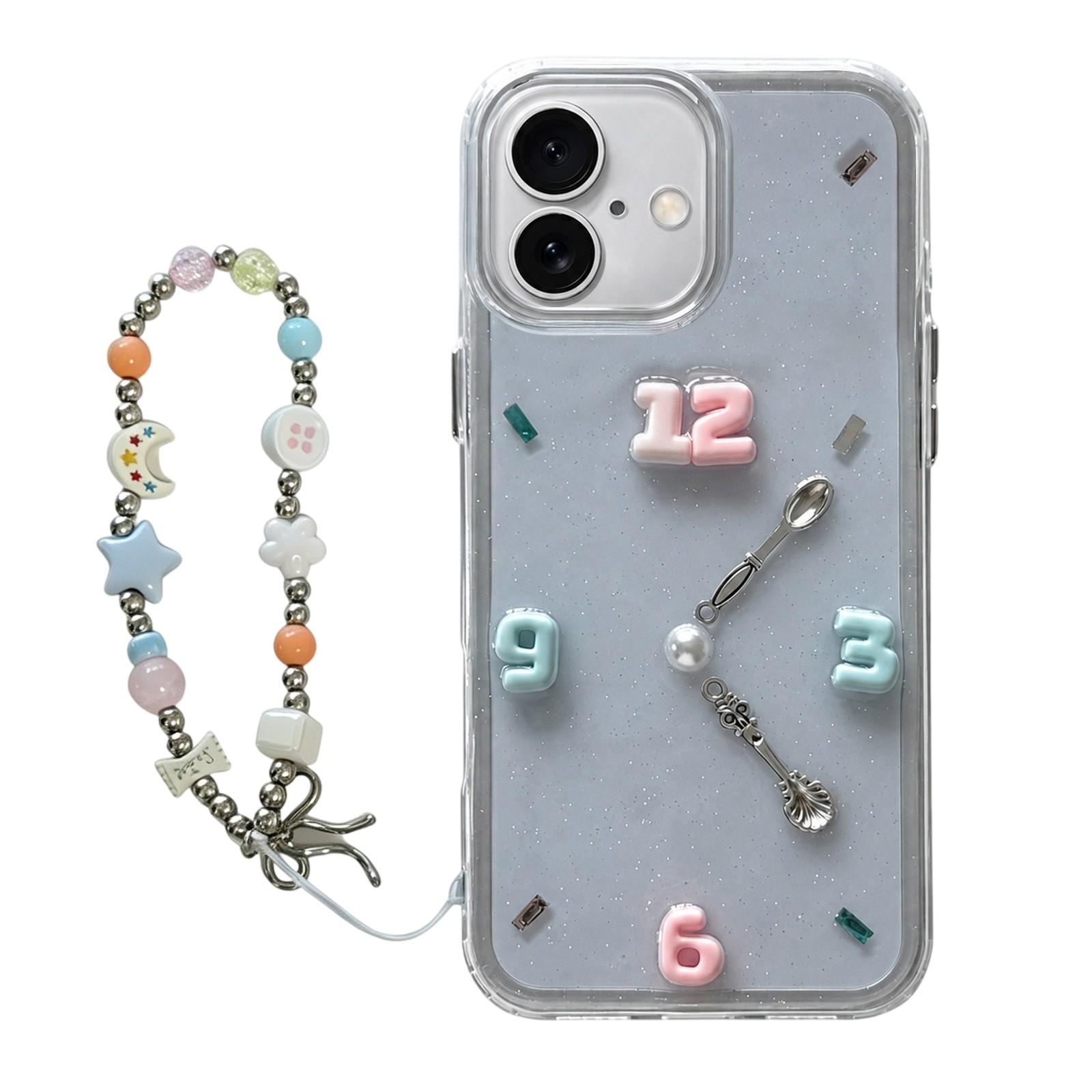 For iPhone 16 Plus Creative Clock Design Epoxy Resin Phone Case with Bracelet(Transparent) - Shopkiz.com