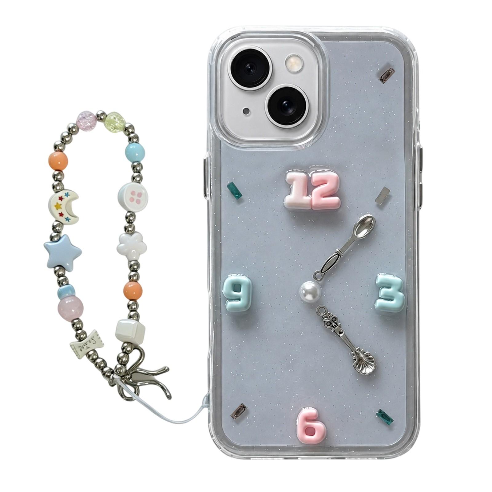 For iPhone 15 Plus Creative Clock Design Epoxy Resin Phone Case with Bracelet(Transparent) - Shopkiz.com