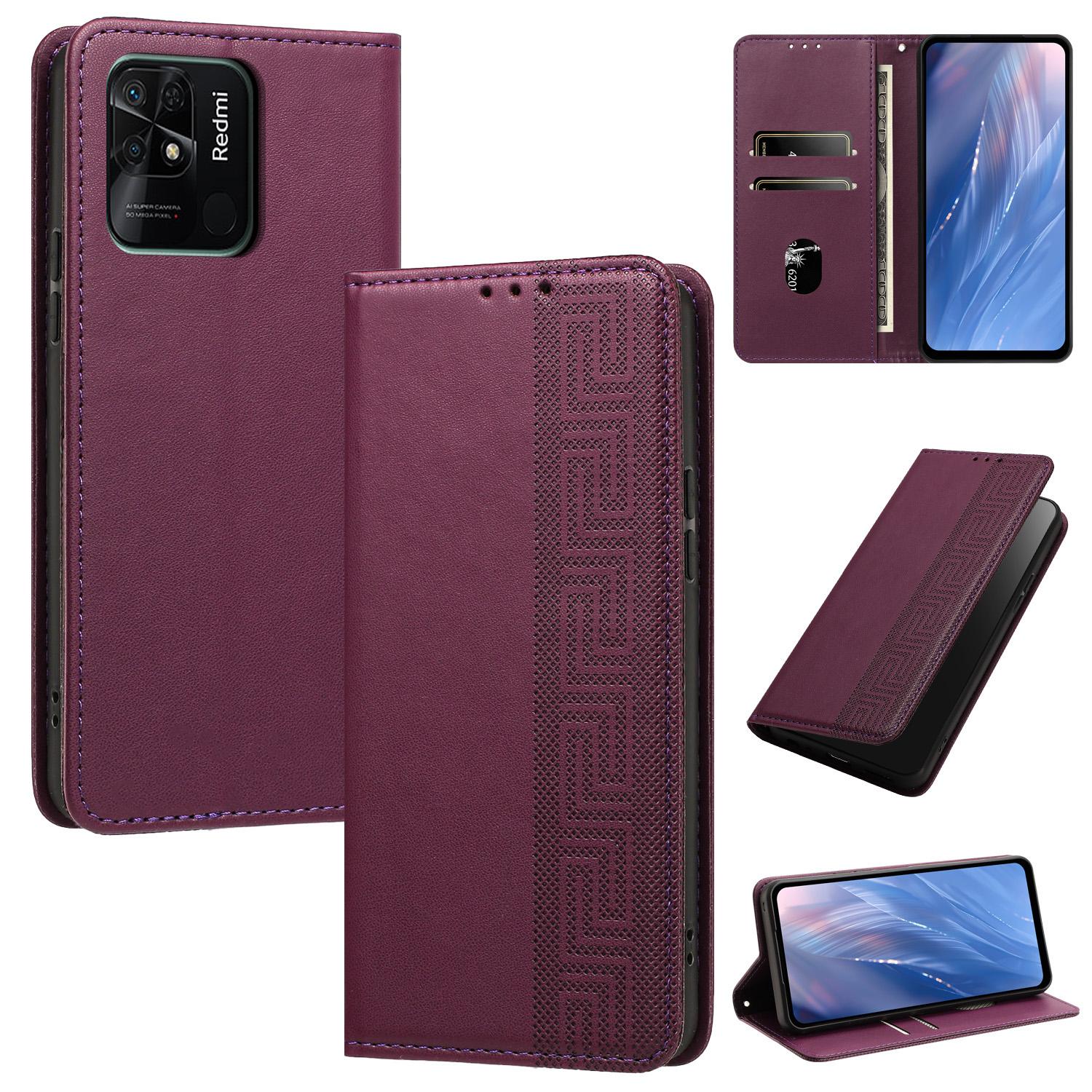 For Redmi 10C 4G Global Embossed Meander Pattern RFID Vegan Leather Phone Case(Dark Purple) - Shopkiz.com