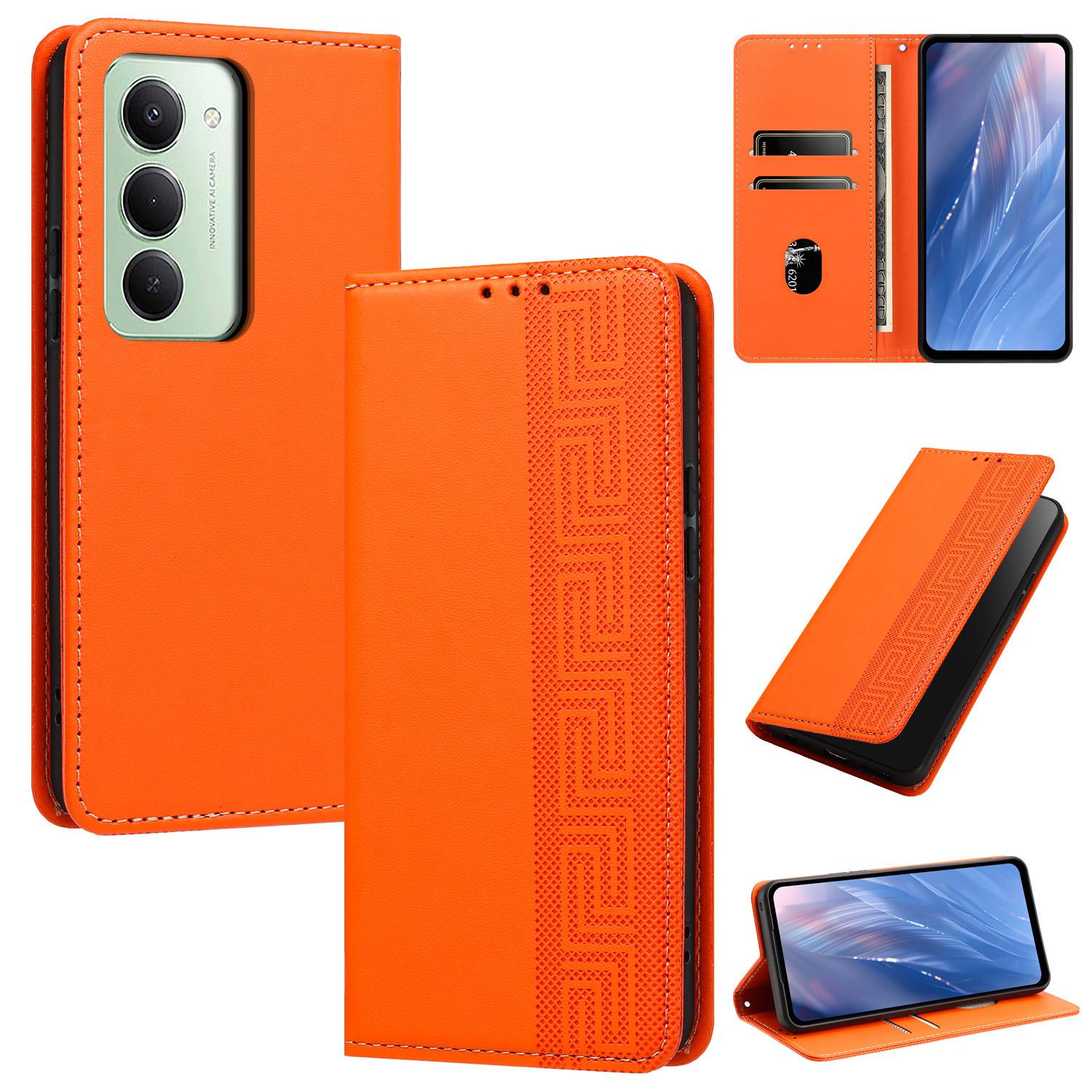For Redmi 15 5G / 4G EU 171mm Embossed Meander Pattern RFID Vegan Leather Phone Case(Orange) - Shopkiz.com