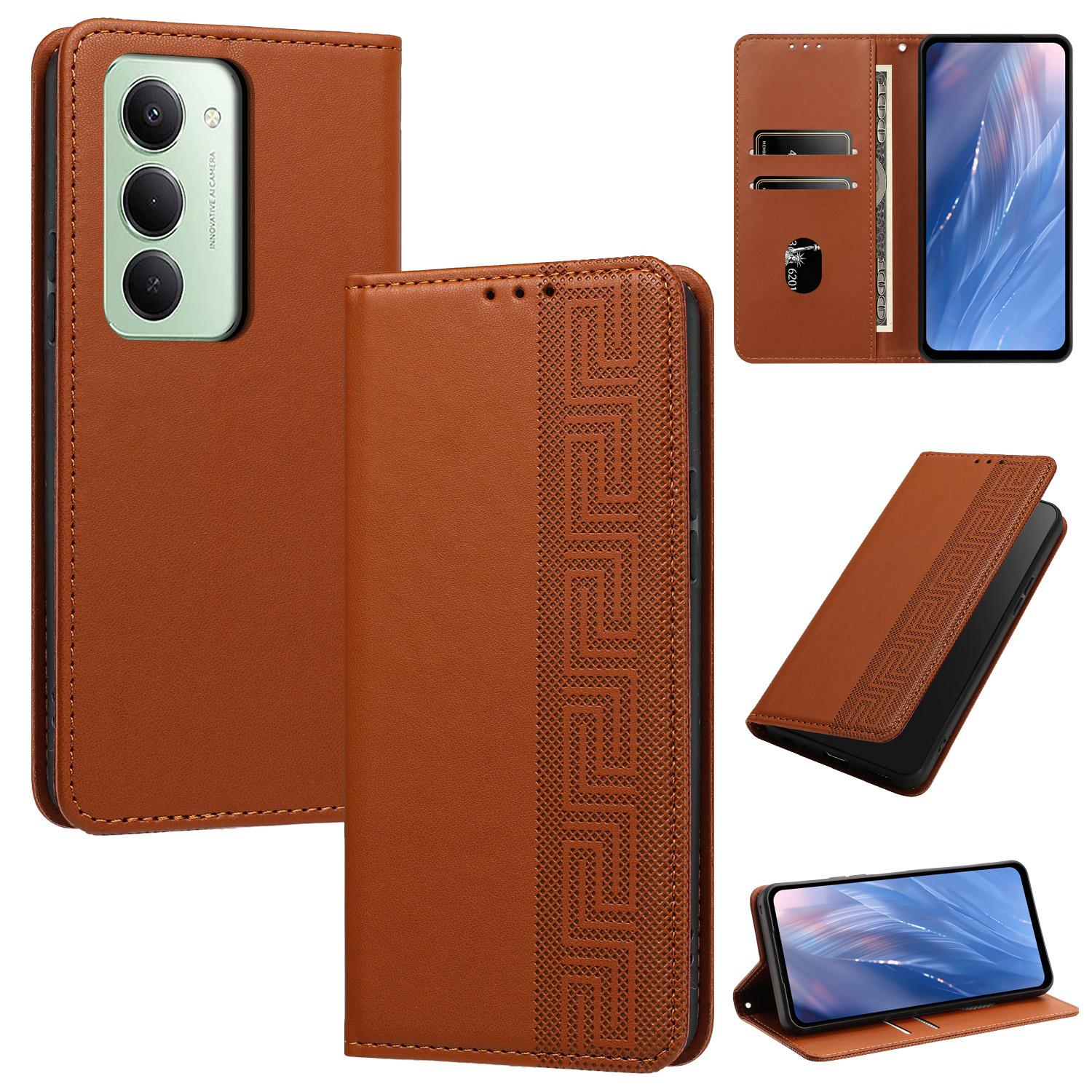 For Redmi 15 5G / 4G EU 171mm Embossed Meander Pattern RFID Vegan Leather Phone Case(Brown) - Shopkiz.com