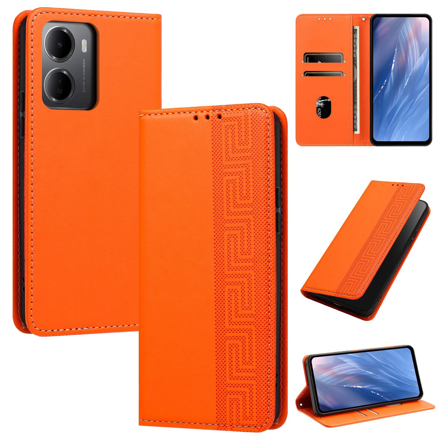 For Redmi 15a 5G Global Embossed Meander Pattern RFID Vegan Leather Phone Case(Orange) - Shopkiz.com