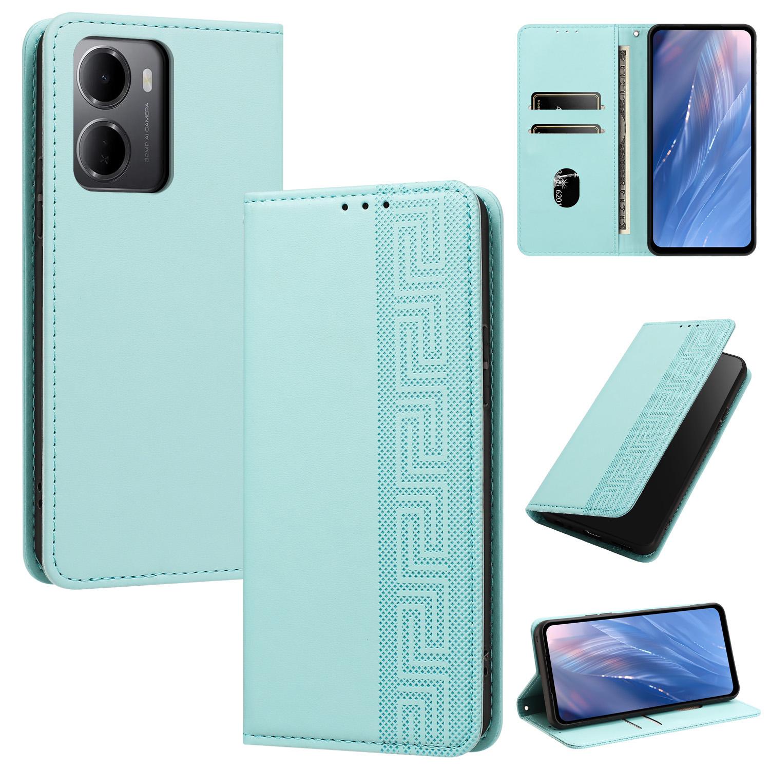 For Redmi 15a 5G Global Embossed Meander Pattern RFID Vegan Leather Phone Case(Mint Green) - Shopkiz.com