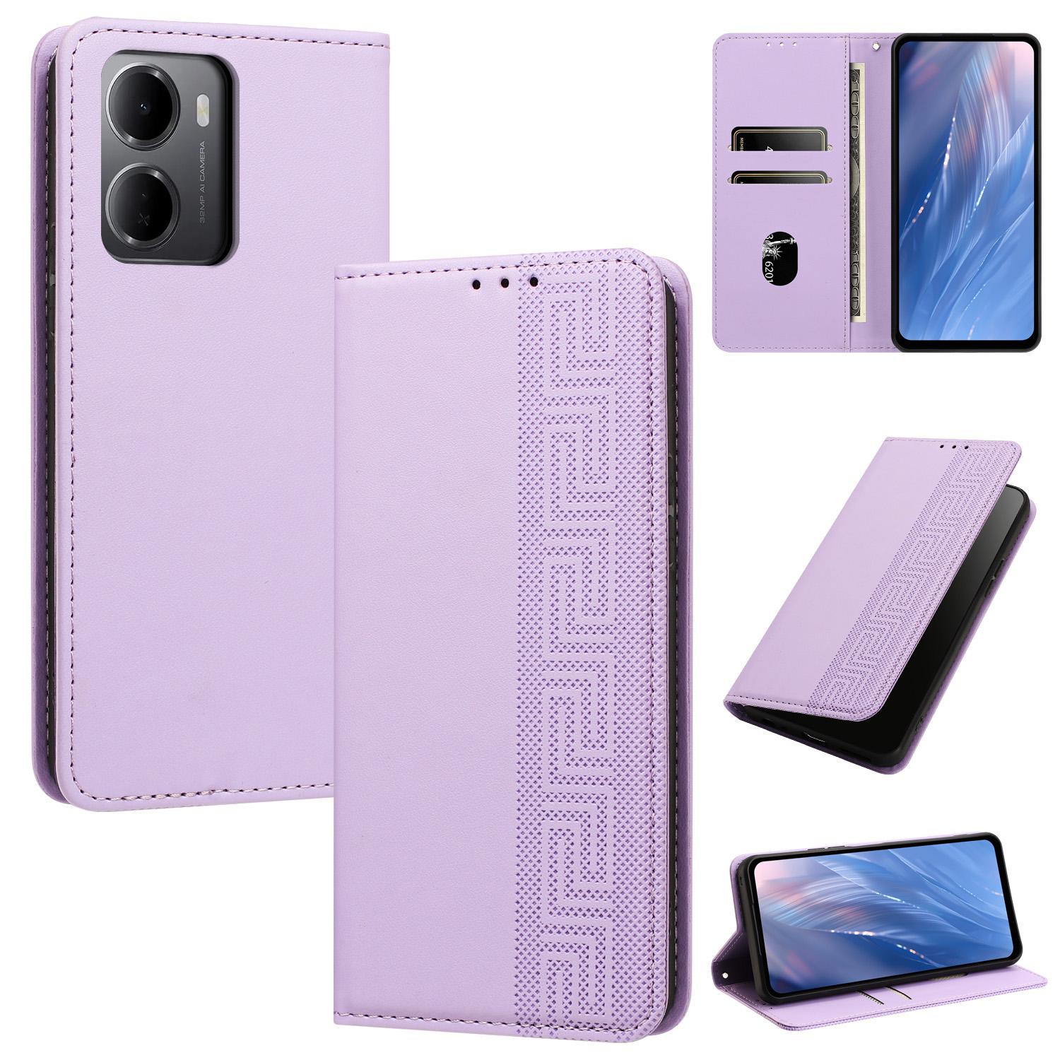 For Redmi 15a 5G Global Embossed Meander Pattern RFID Vegan Leather Phone Case(Light Purple) - Shopkiz.com