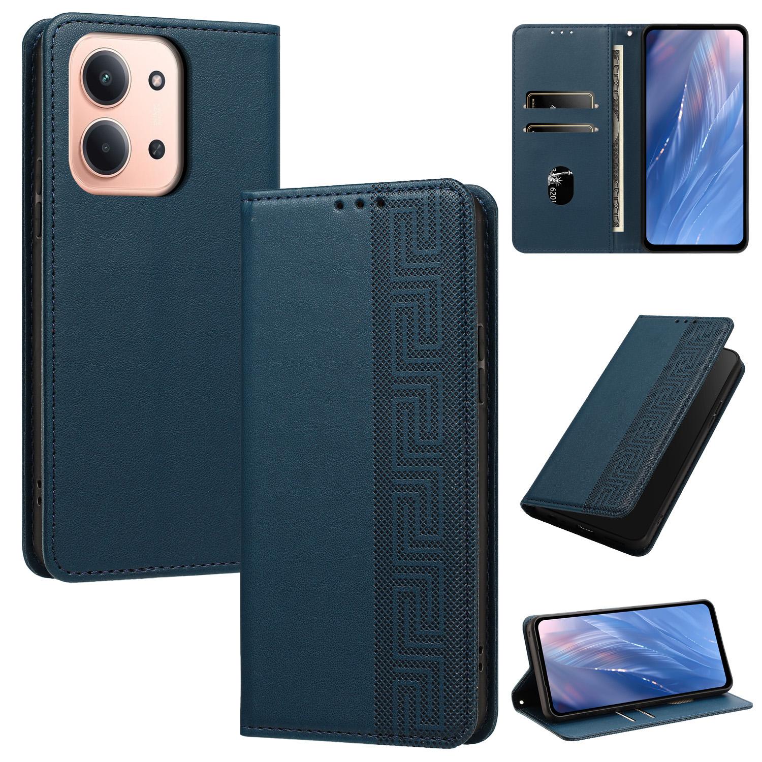 For Redmi 15C 5G / 4G Global 171mm Embossed Meander Pattern RFID Vegan Leather Phone Case(Dark Blue) - Shopkiz.com