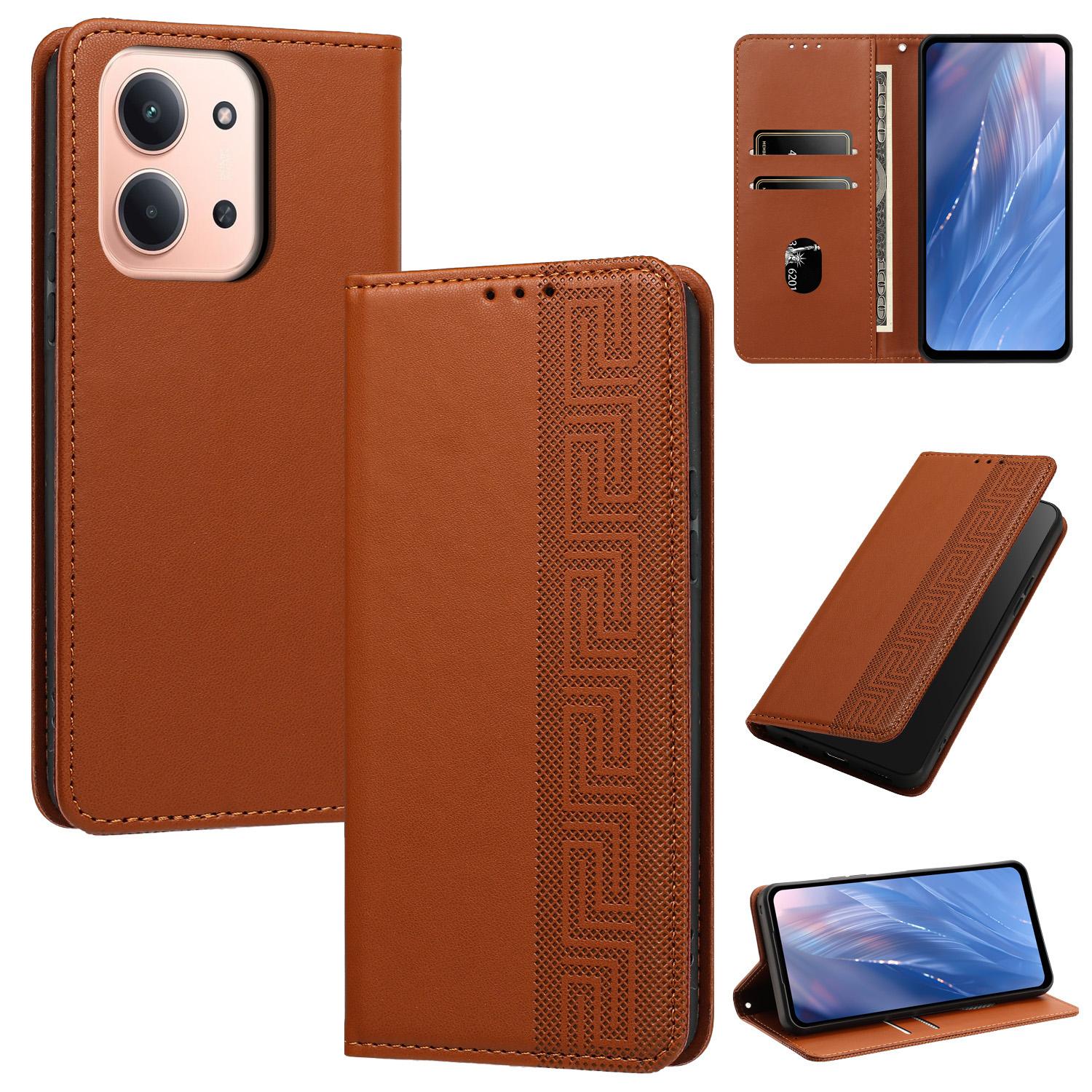 For Redmi 15C 5G / 4G Global 171mm Embossed Meander Pattern RFID Vegan Leather Phone Case(Brown) - Shopkiz.com