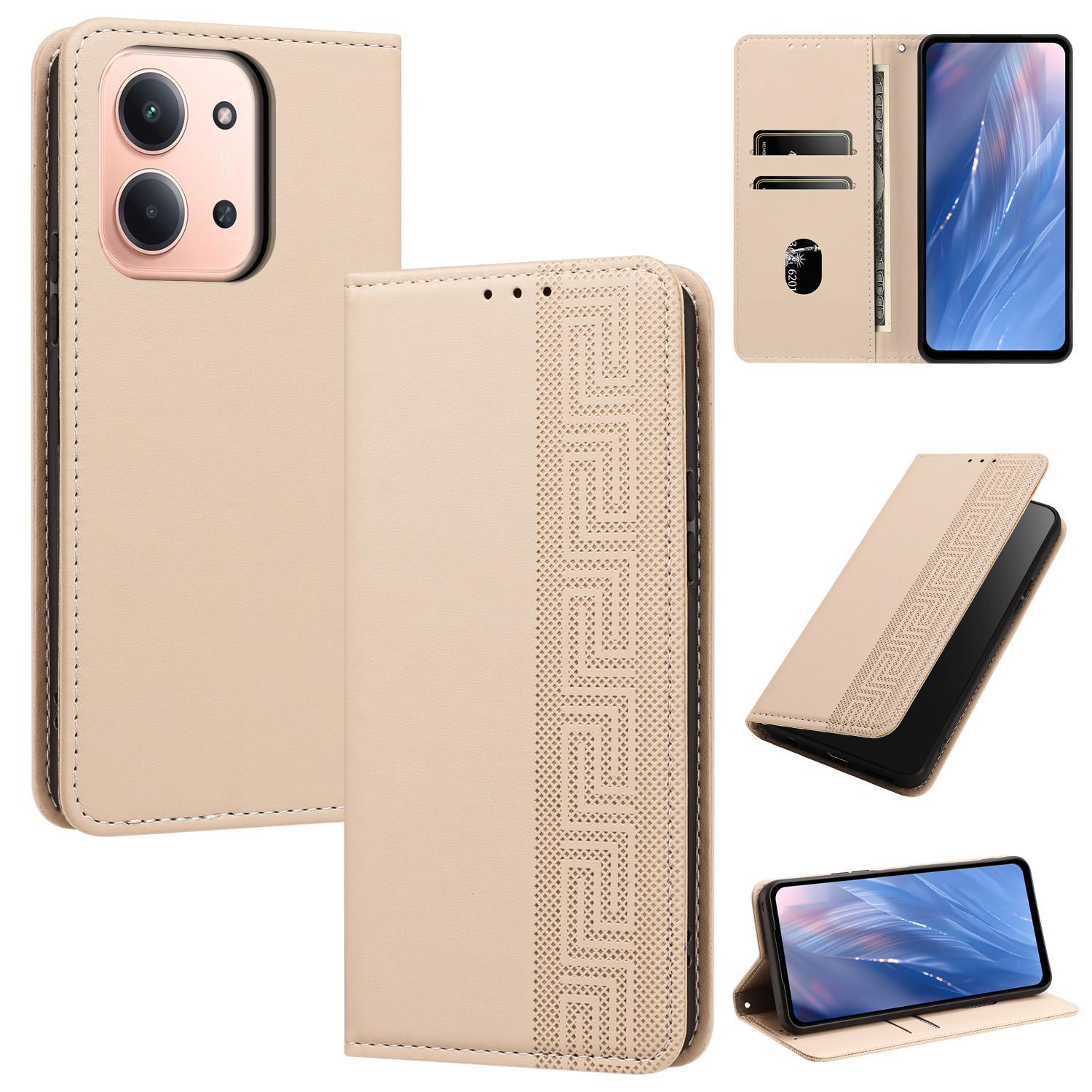 For Redmi 15C 5G / 4G EU 173mm Embossed Meander Pattern RFID Vegan Leather Phone Case(Beige) - Shopkiz.com