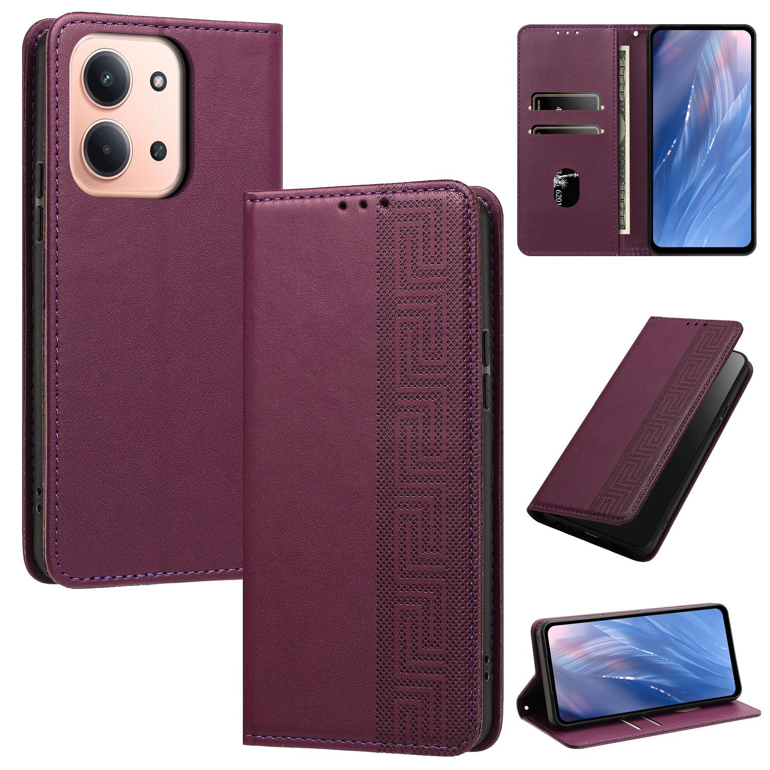 For Redmi 15C 5G / 4G EU 173mm Embossed Meander Pattern RFID Vegan Leather Phone Case(Dark Purple) - Shopkiz.com