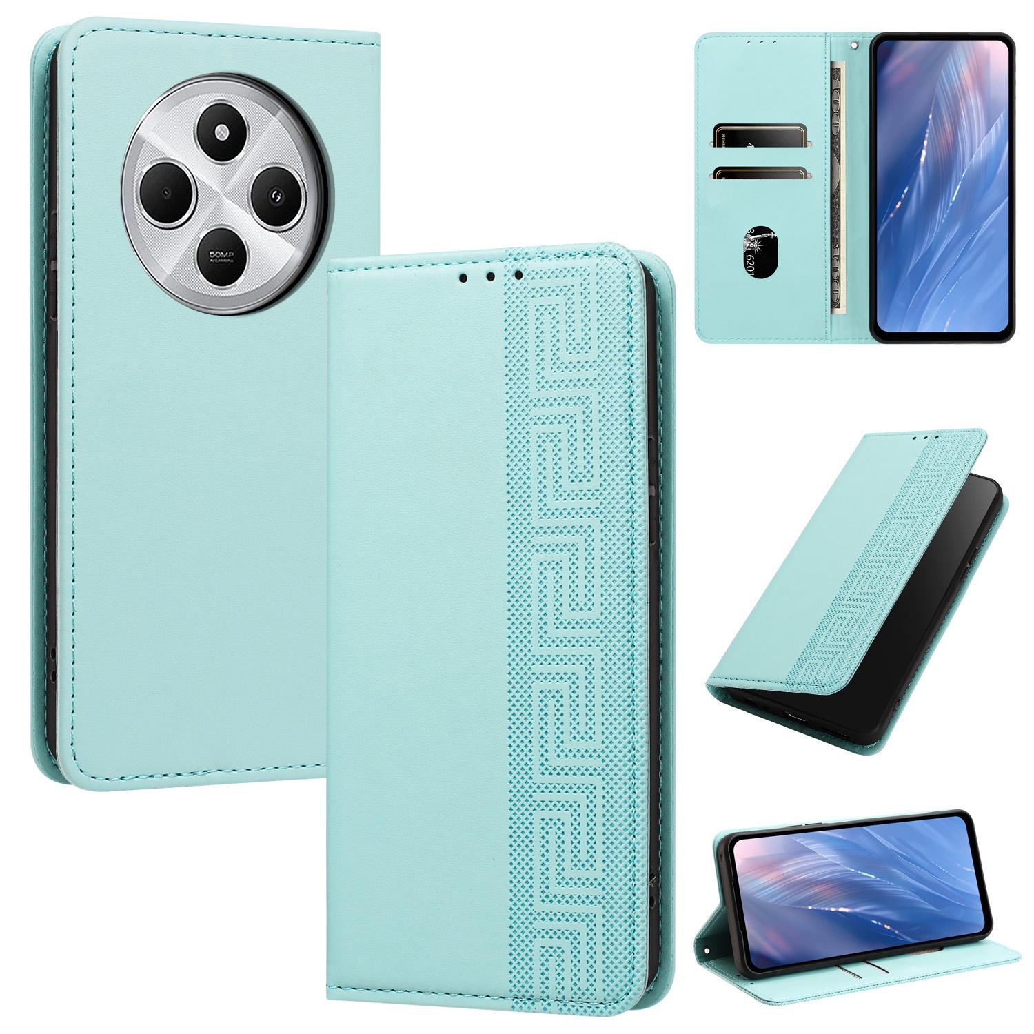 For Redmi 17C 4G Embossed Meander Pattern RFID Vegan Leather Phone Case(Mint Green) - Shopkiz.com
