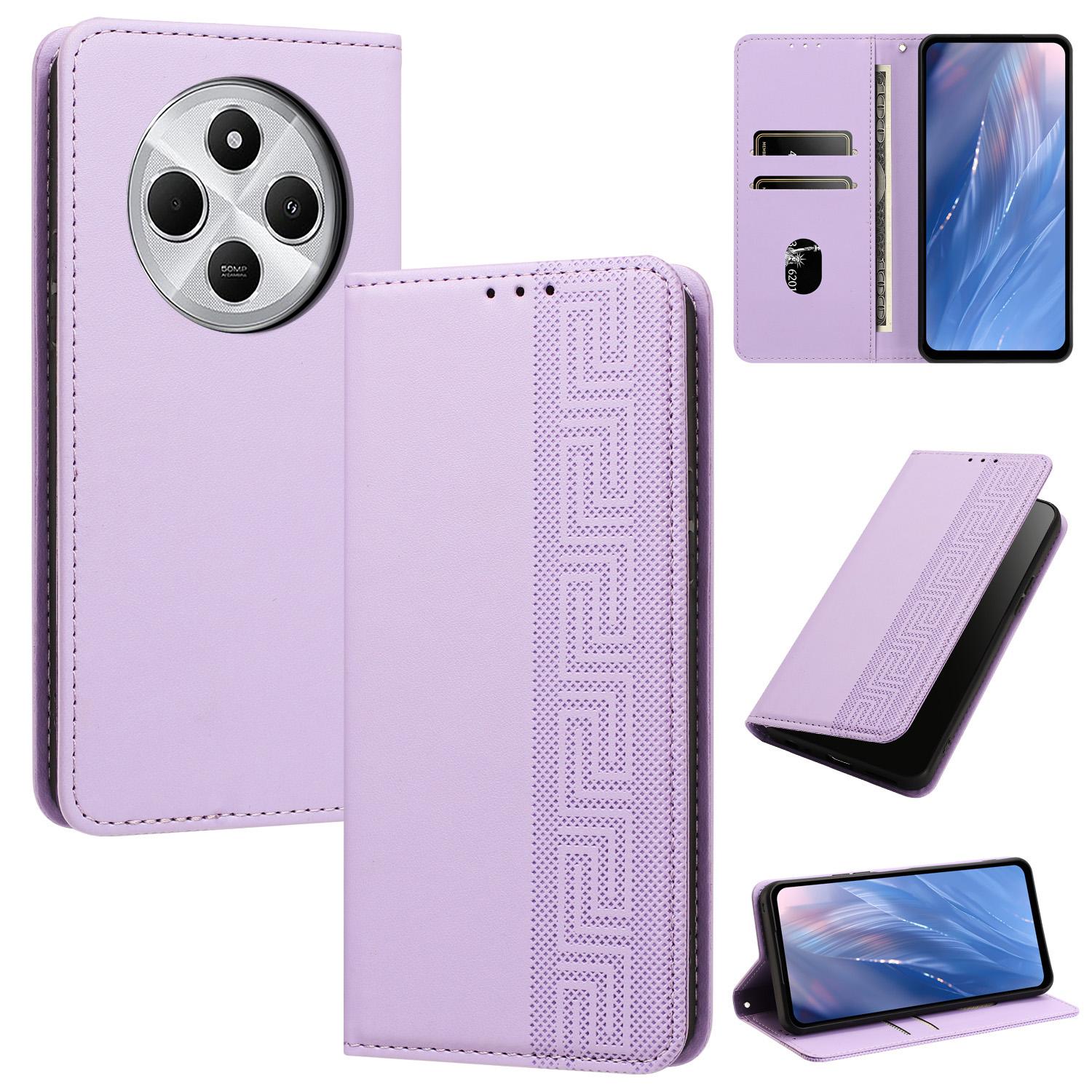 For Redmi 17C 4G Embossed Meander Pattern RFID Vegan Leather Phone Case(Light Purple) - Shopkiz.com