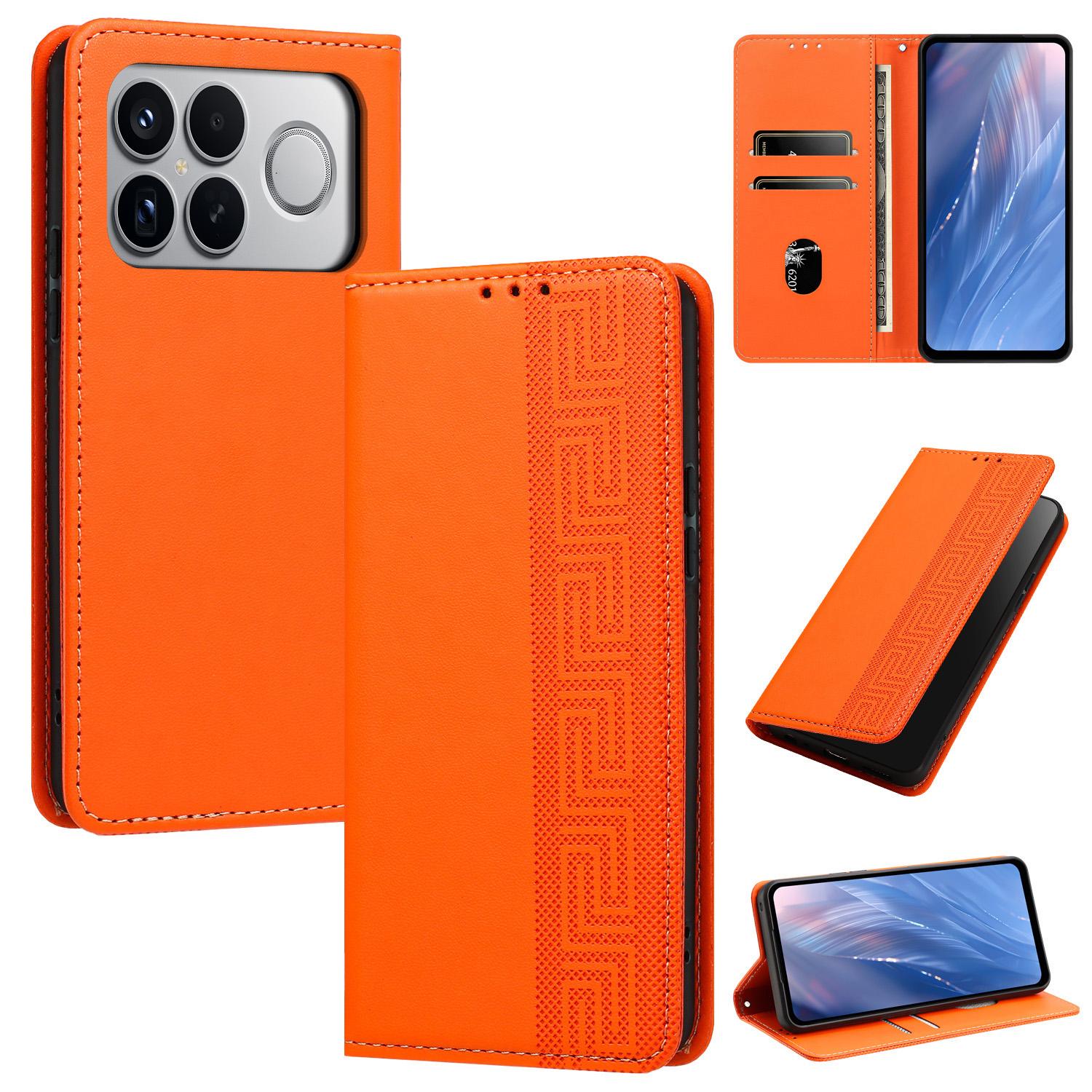 For Redmi K90 Pro Max/Poco F8 Ultra Embossed Meander Pattern RFID Vegan Leather Phone Case(Orange) - Shopkiz.com
