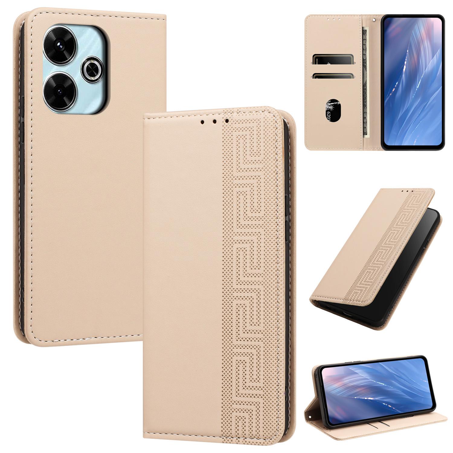 For Redmi 13 4G Embossed Meander Pattern RFID Vegan Leather Phone Case(Beige) - Shopkiz.com
