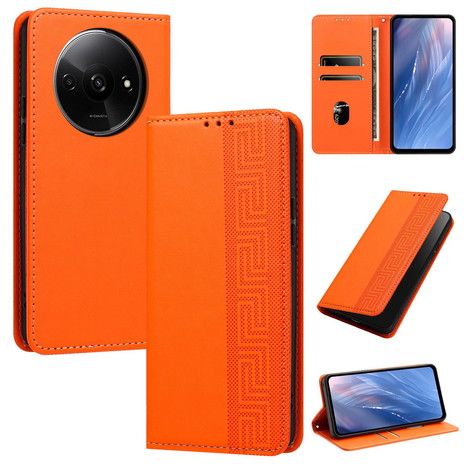 For Redmi A3 4G Global Embossed Meander Pattern RFID Vegan Leather Phone Case(Orange) - Shopkiz.com