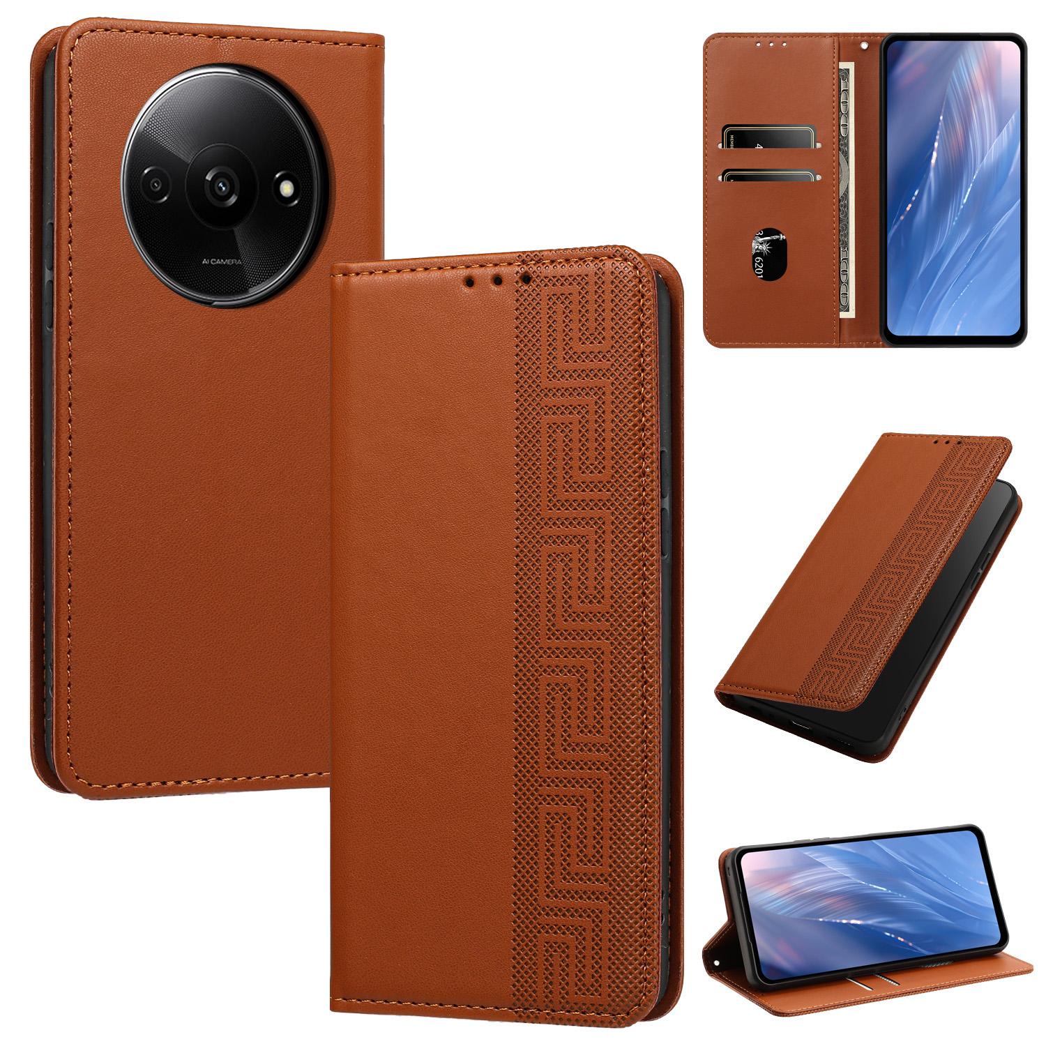 For Redmi A3 4G Global Embossed Meander Pattern RFID Vegan Leather Phone Case(Brown) - Shopkiz.com