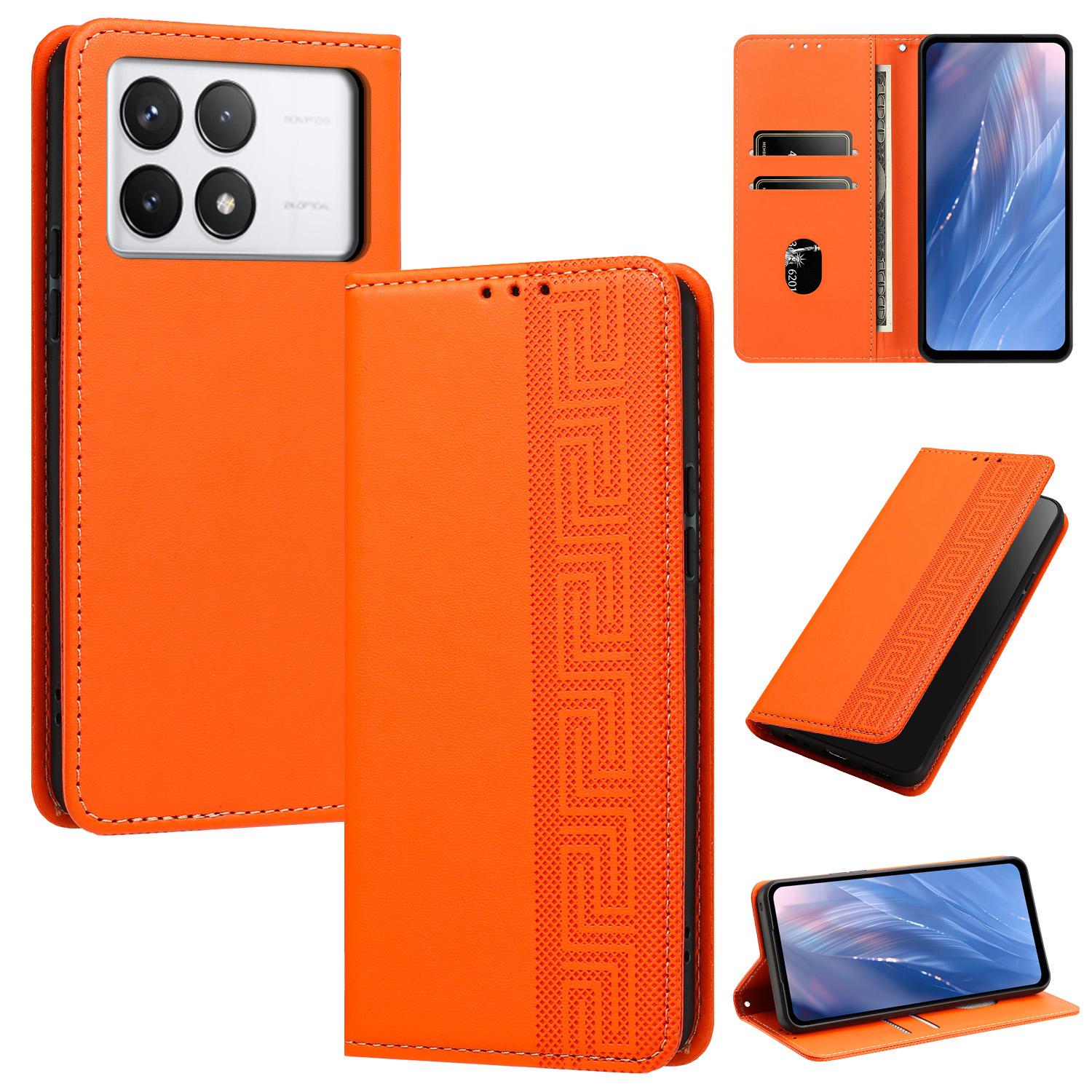 For Redmi K70 / K70 Pro Embossed Meander Pattern RFID Vegan Leather Phone Case(Orange) - Shopkiz.com