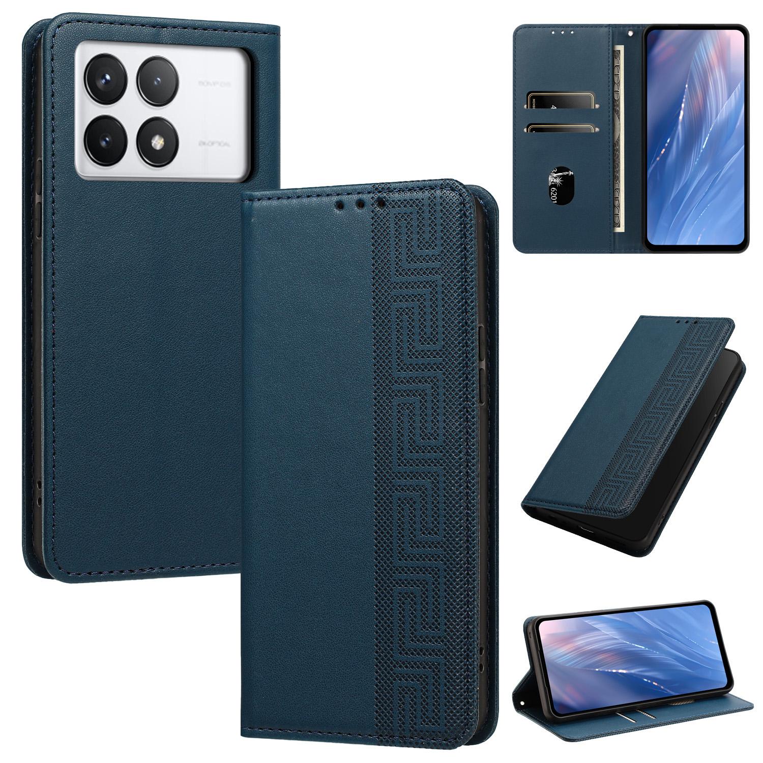 For Redmi K70E Embossed Meander Pattern RFID Vegan Leather Phone Case(Dark Blue) - Shopkiz.com