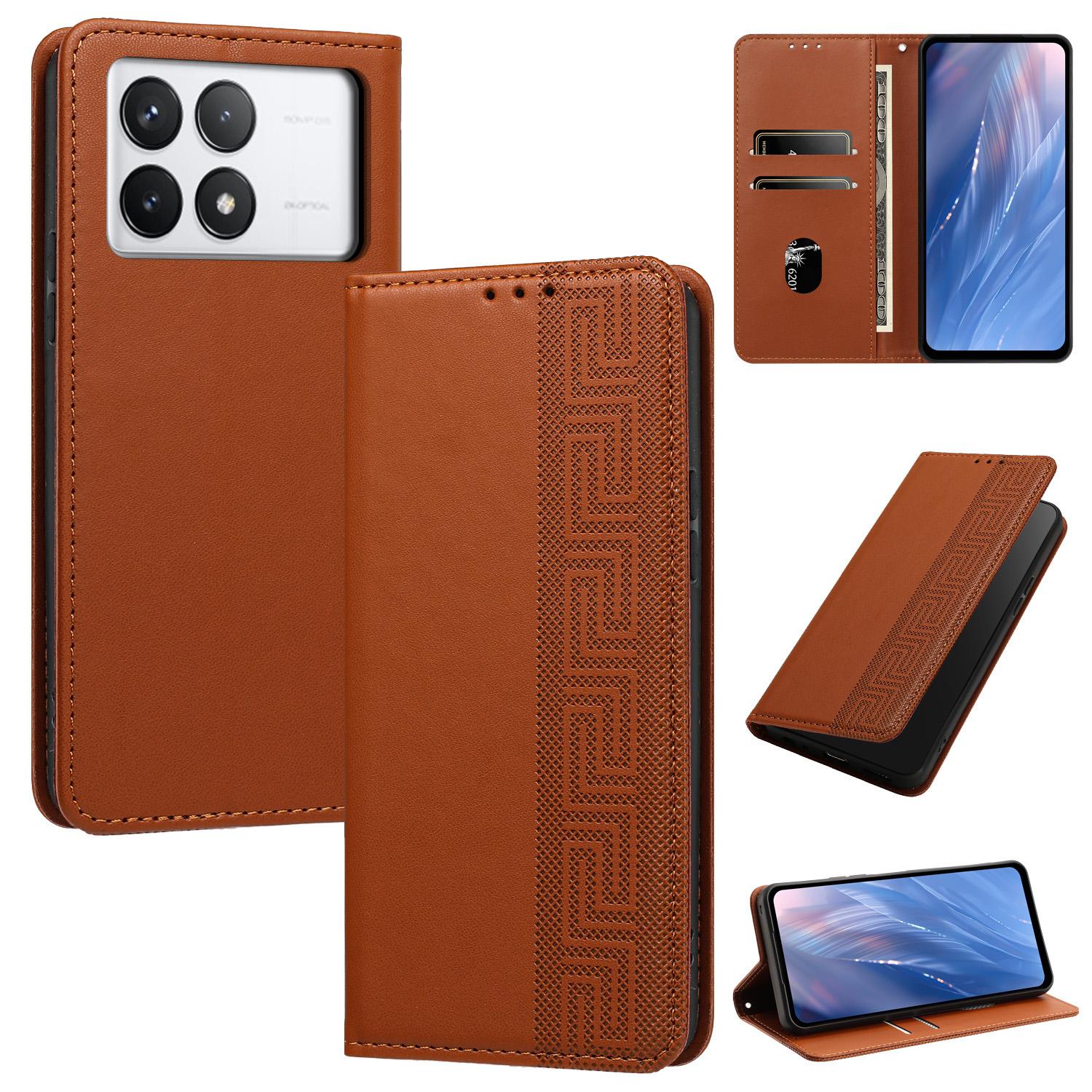 For Redmi K70E Embossed Meander Pattern RFID Vegan Leather Phone Case(Brown) - Shopkiz.com