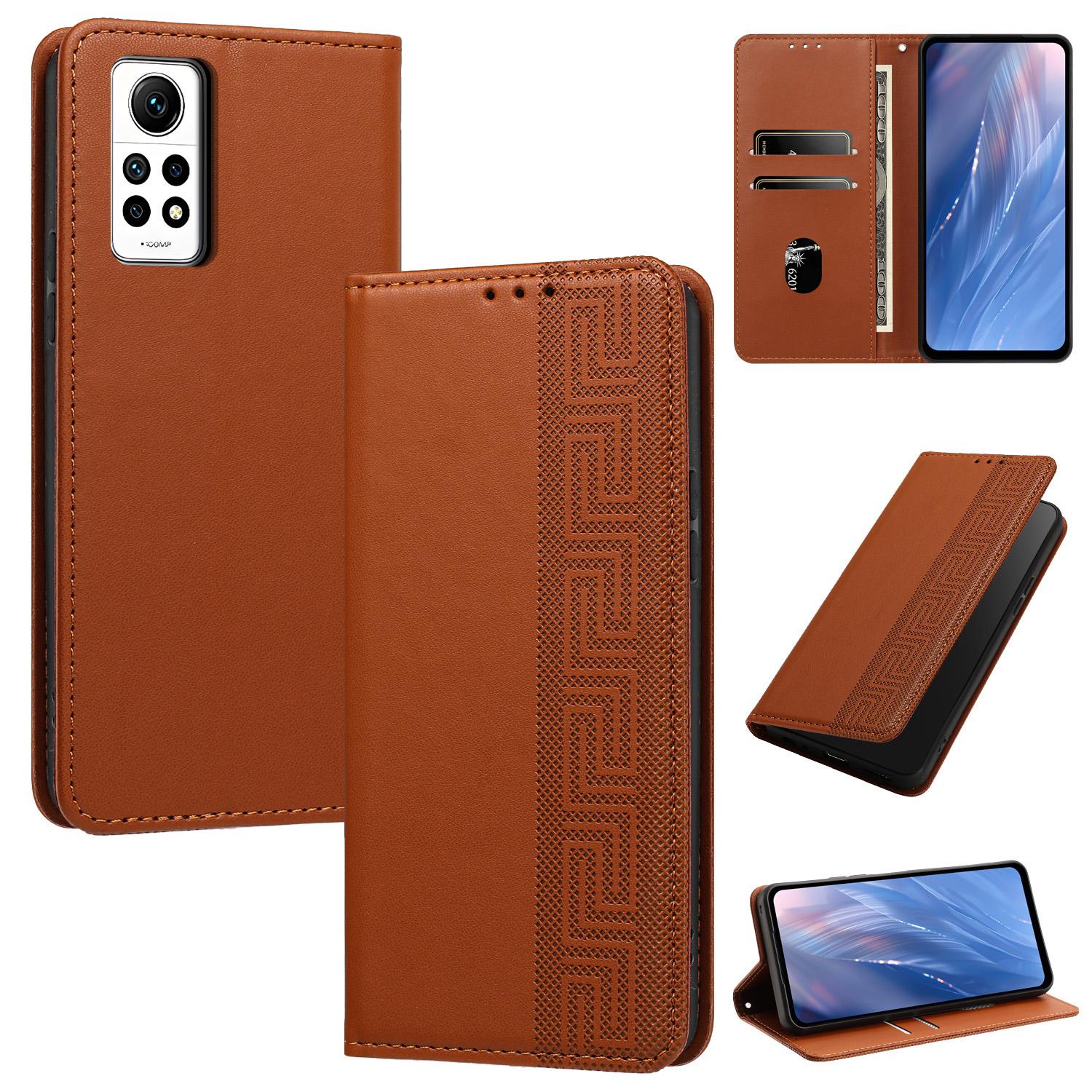For Redmi Note 12 Pro 4G Embossed Meander Pattern RFID Vegan Leather Phone Case(Brown) - Shopkiz.com
