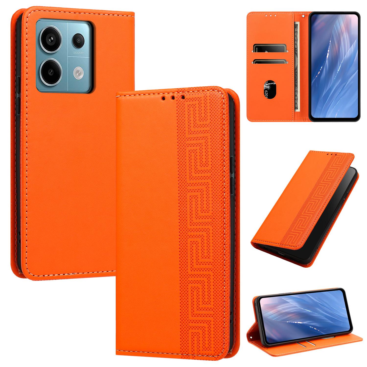 For Redmi Note 13 5G Embossed Meander Pattern RFID Vegan Leather Phone Case(Orange) - Shopkiz.com