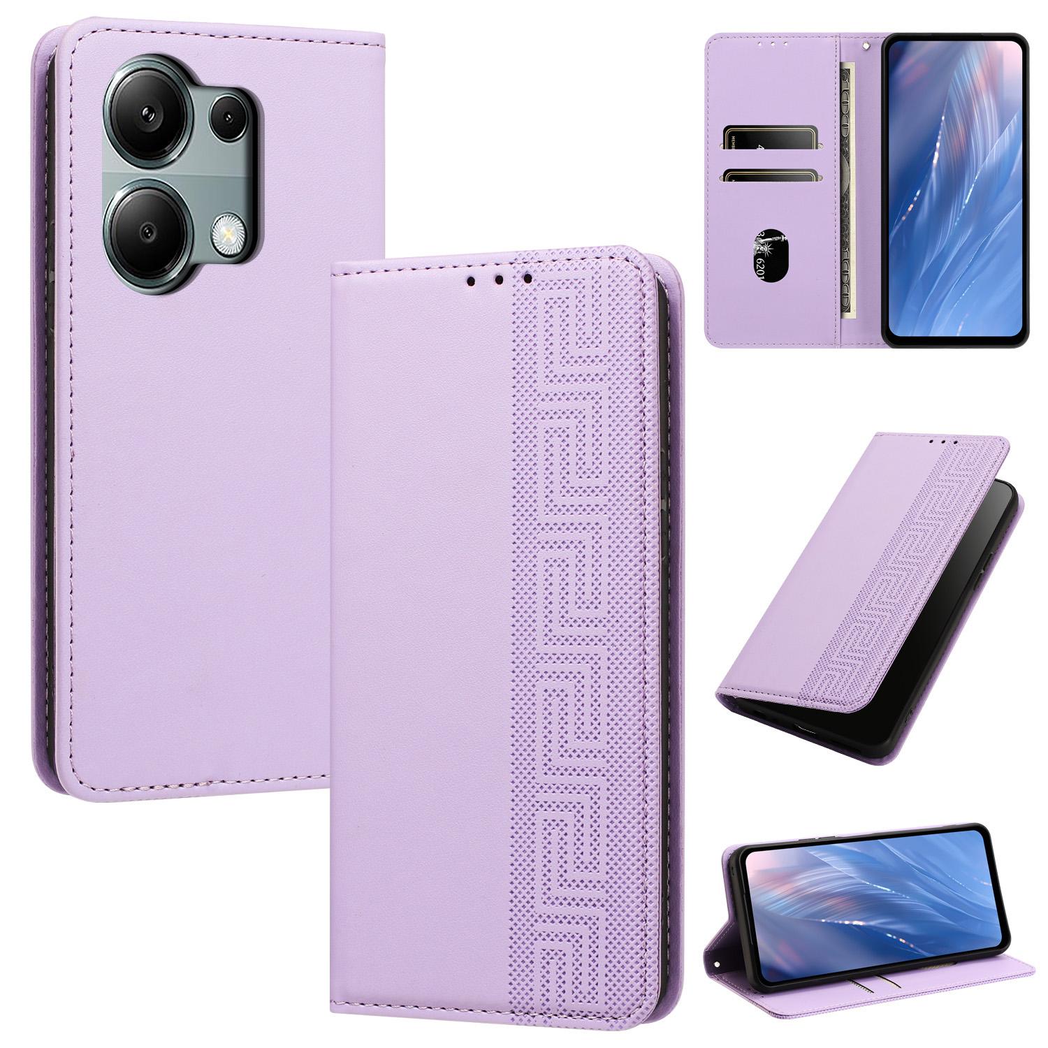 For Redmi Note 13 Pro 4G Embossed Meander Pattern RFID Vegan Leather Phone Case(Light Purple) - Shopkiz.com