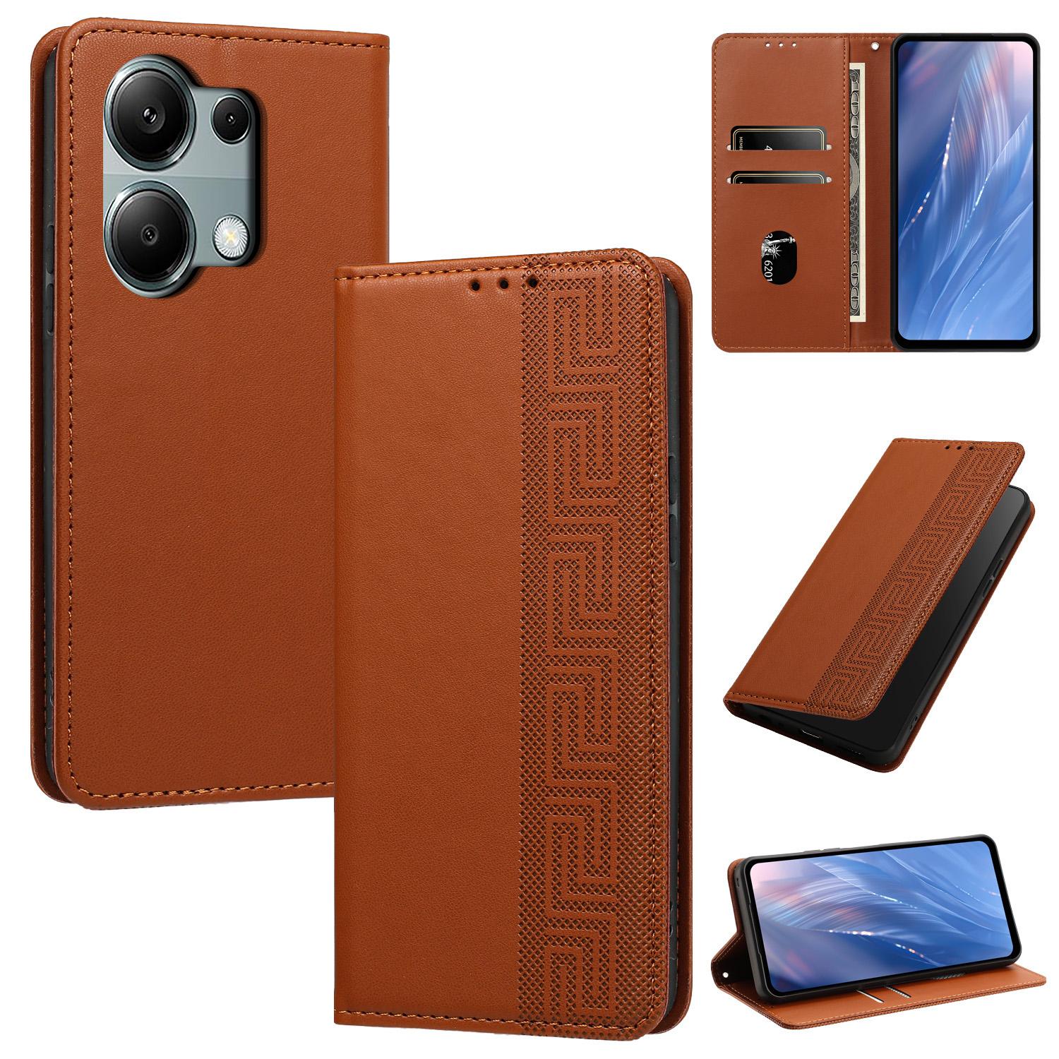 For Redmi Note 13 Pro 4G Embossed Meander Pattern RFID Vegan Leather Phone Case(Brown) - Shopkiz.com