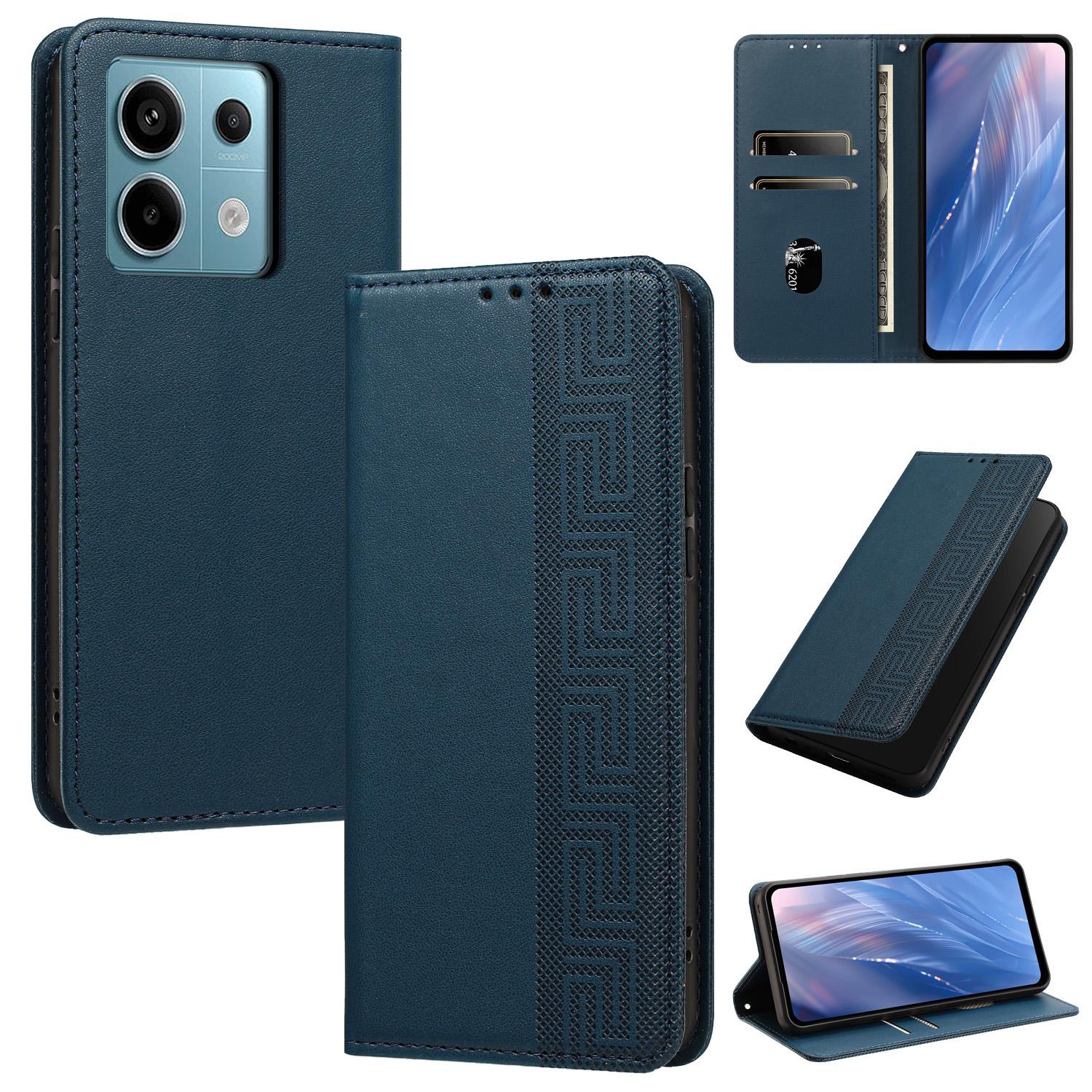 For Redmi Note 13 Pro 5G Embossed Meander Pattern RFID Vegan Leather Phone Case(Dark Blue) - Shopkiz.com