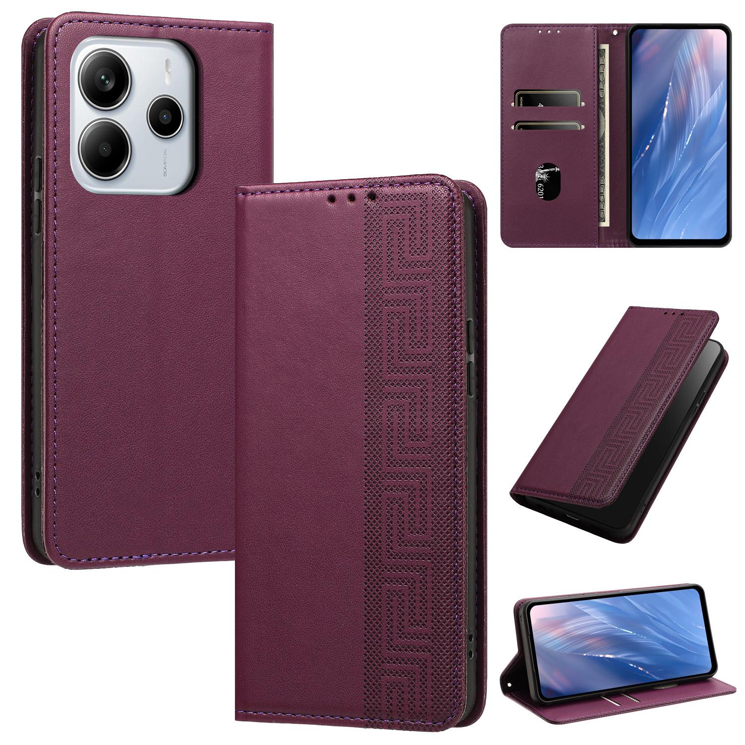For Redmi Note 14 4G 163.25mm Embossed Meander Pattern RFID Vegan Leather Phone Case(Dark Purple) - Shopkiz.com