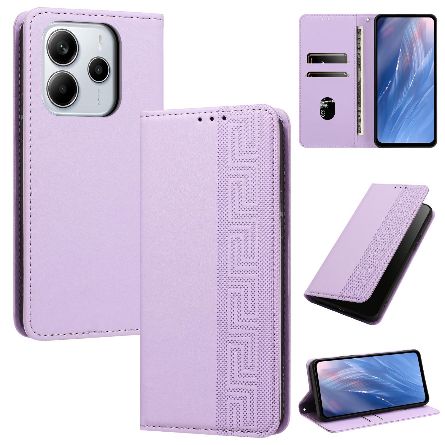For Redmi Note 14 5G Embossed Meander Pattern RFID Vegan Leather Phone Case(Light Purple) - Shopkiz.com