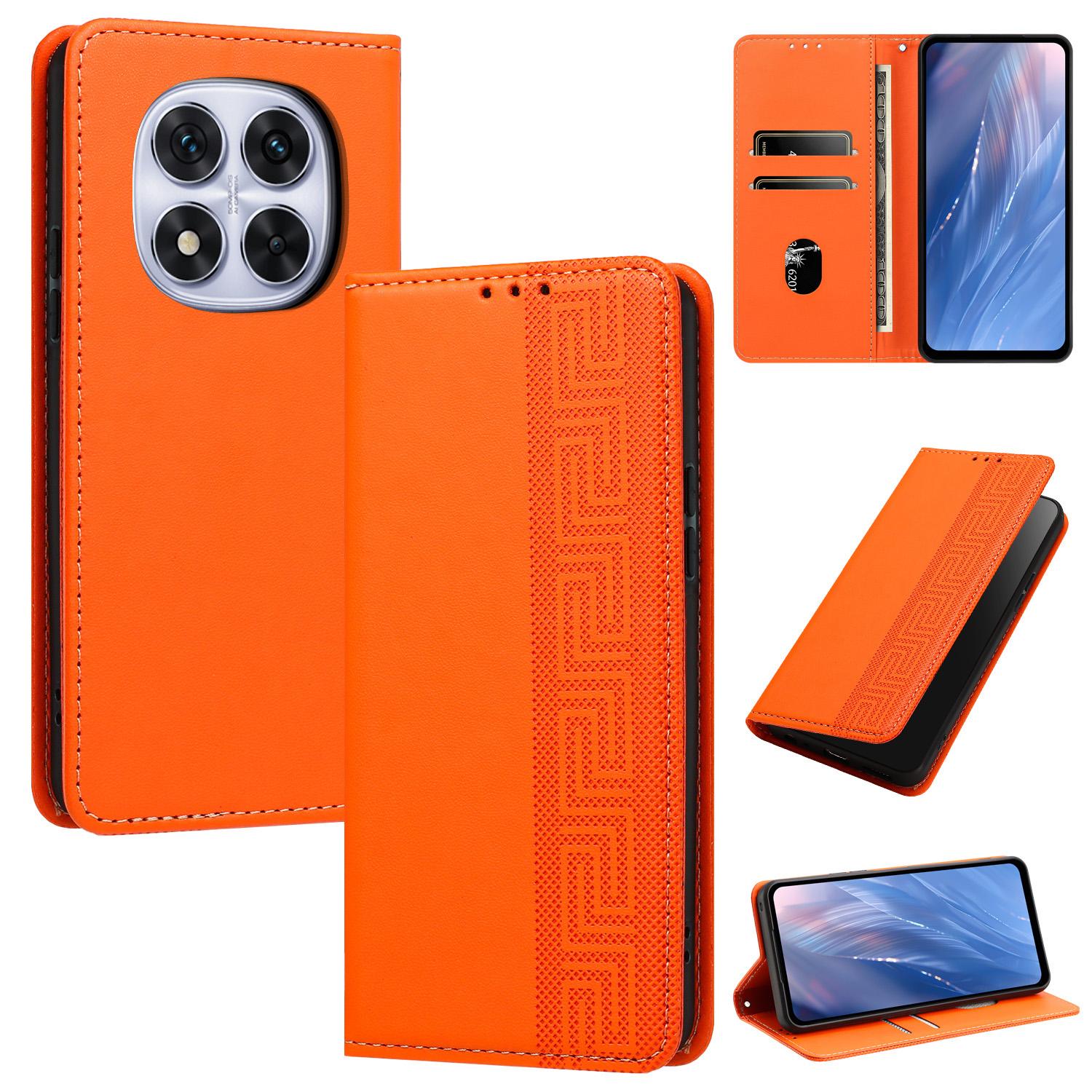 For Redmi Note 14 Pro / Note 14 Pro+ 5G Embossed Meander Pattern RFID Vegan Leather Phone Case(Orange) - Shopkiz.com