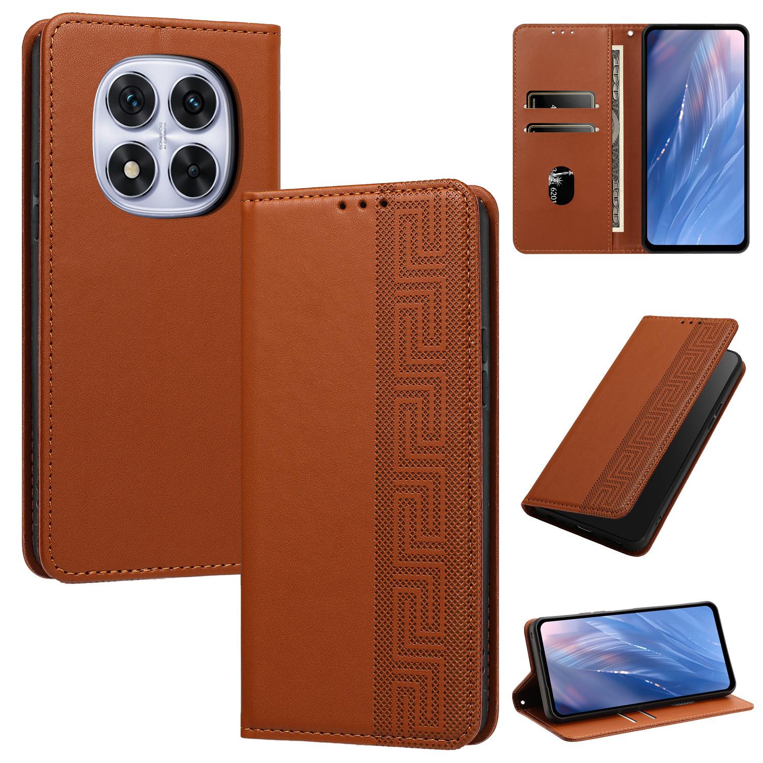 For Redmi Note 14 Pro / Note 14 Pro+ 5G Embossed Meander Pattern RFID Vegan Leather Phone Case(Brown) - Shopkiz.com