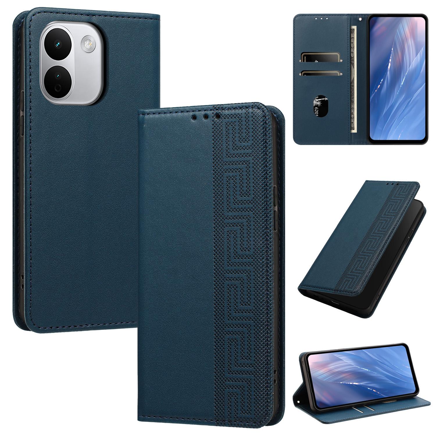 For Redmi Note 17 Pro+ 5G Global 163mm Embossed Meander Pattern RFID Vegan Leather Phone Case(Dark Blue) - Shopkiz.com