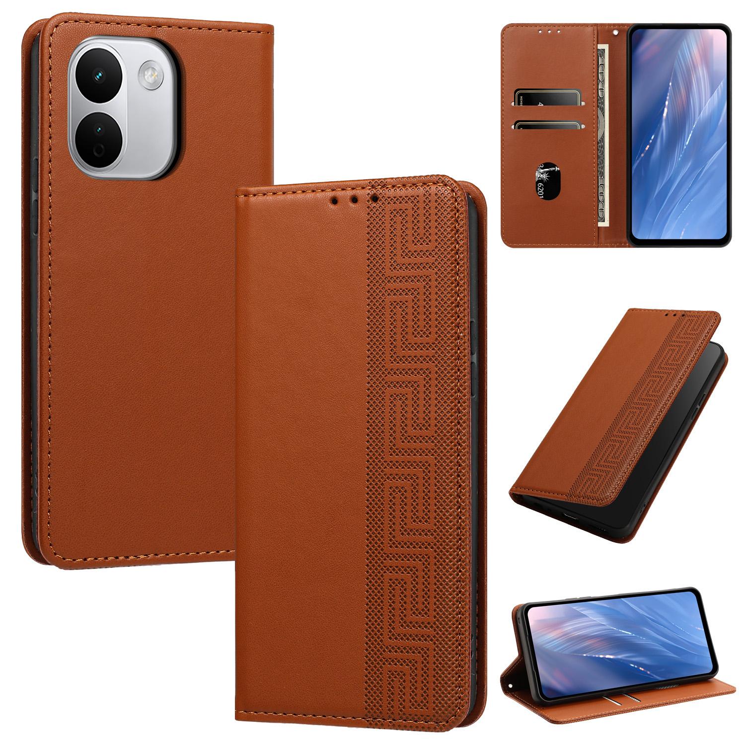 For Redmi Note 17 Pro+ 5G Global 163mm Embossed Meander Pattern RFID Vegan Leather Phone Case(Brown) - Shopkiz.com