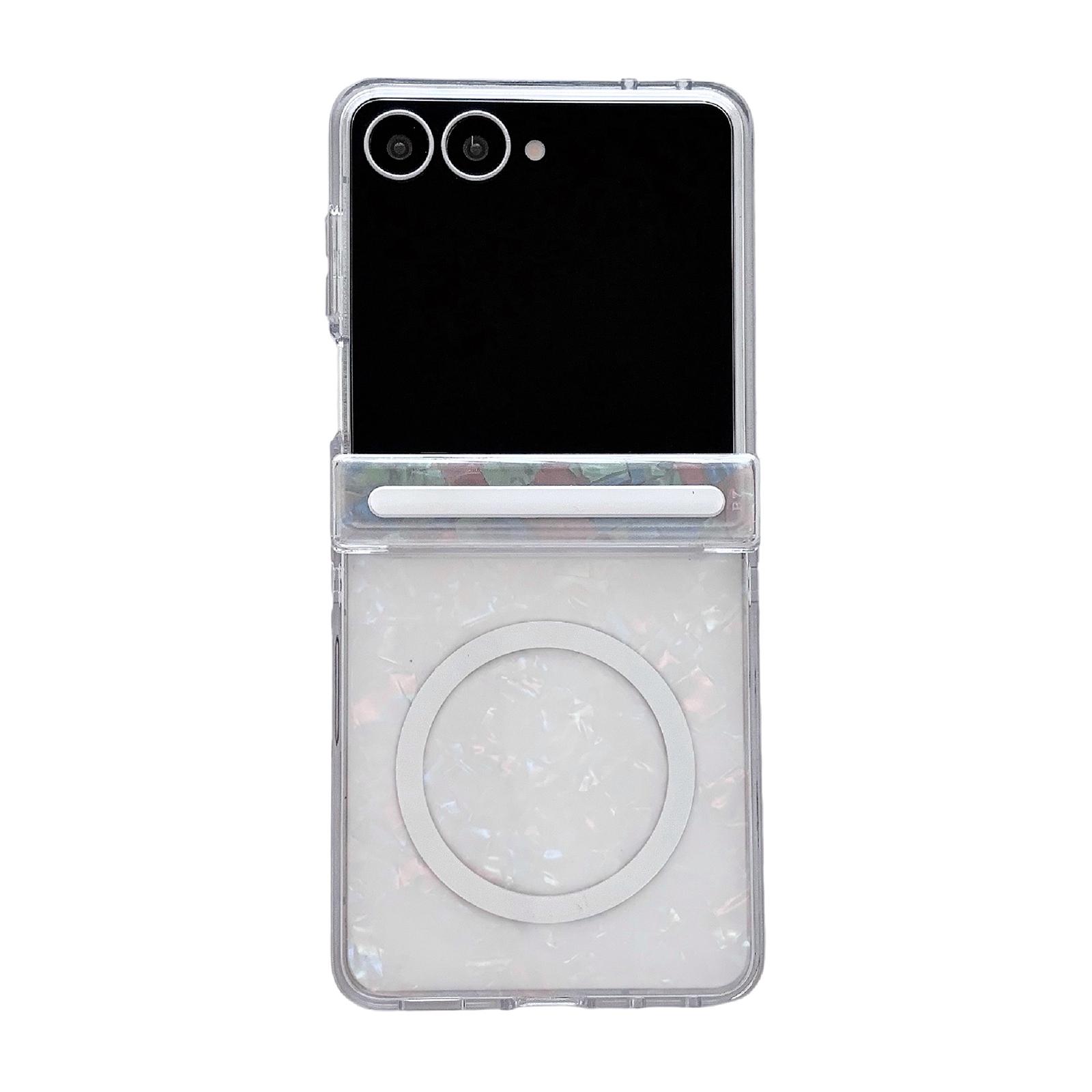 For Galaxy Flip7 5G Side Buckle Axis Pearlescent Shell Texture Magnetic Phone Case(Beige) - Shopkiz.com