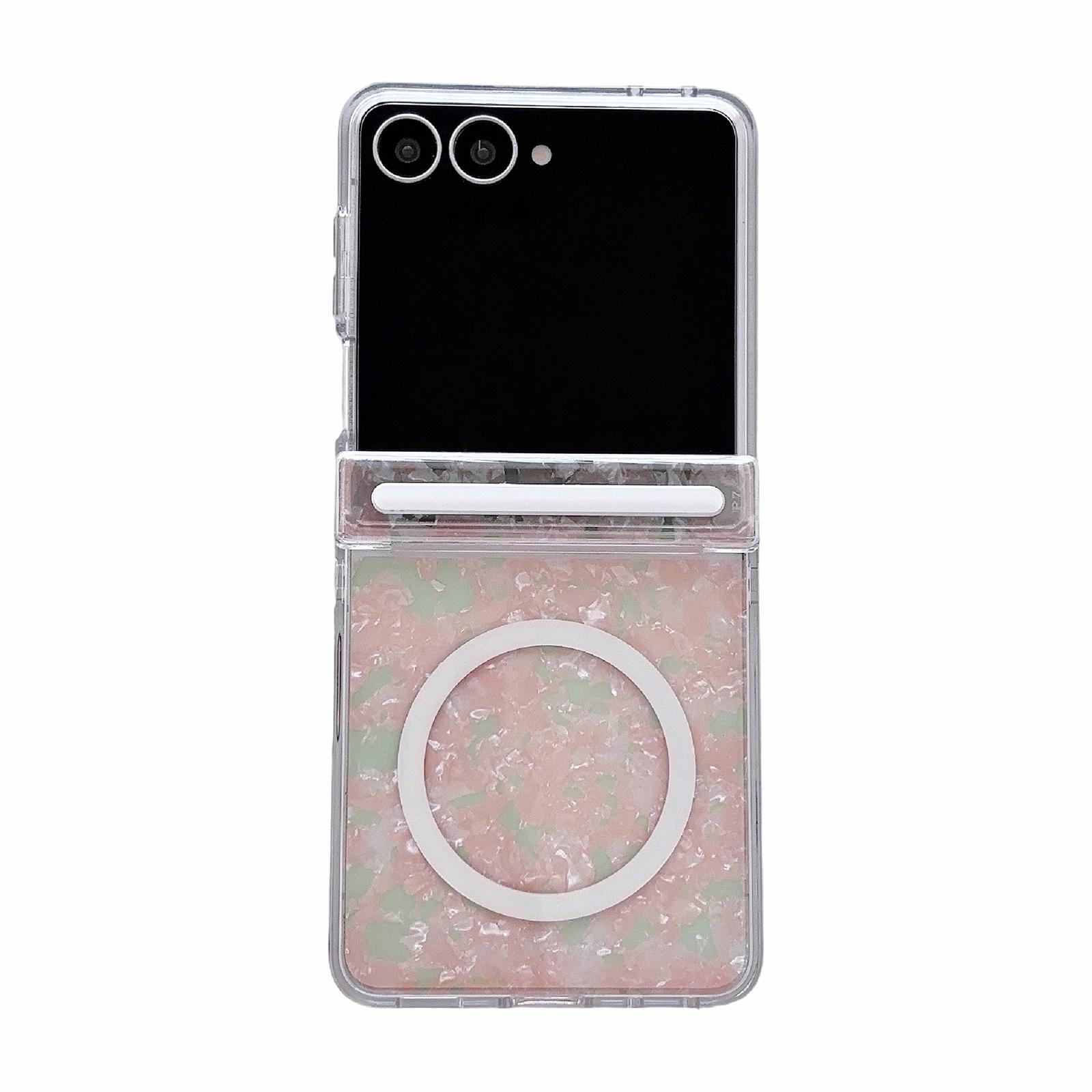 For Galaxy Flip7 5G Side Buckle Axis Pearlescent Shell Texture Magnetic Phone Case(Pink Green) - Shopkiz.com
