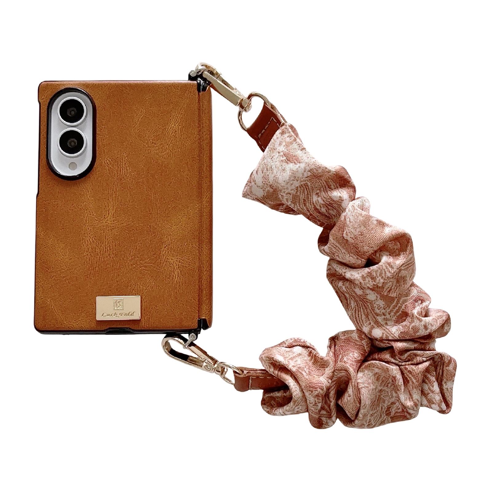 For Galaxy Z Fold8 5G Side Buckle Axis Magnetic Crazy Horse Pattern Nameplate Phone Case With Diy Fabric Chain(Light Brown) - Shopkiz.com