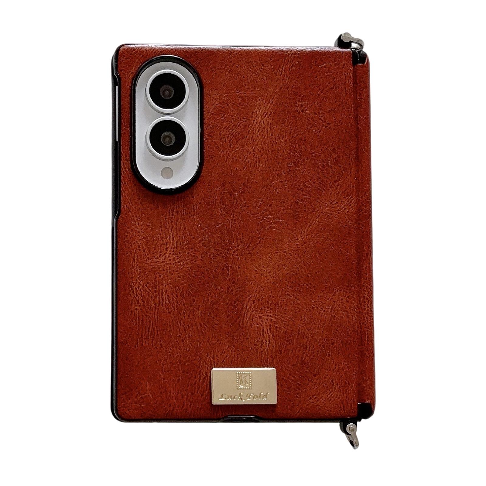 For Galaxy Z Fold8 5G Side Buckle Axis Magnetic Crazy Horse Pattern Nameplate Phone Case(Dark Brown) - Shopkiz.com