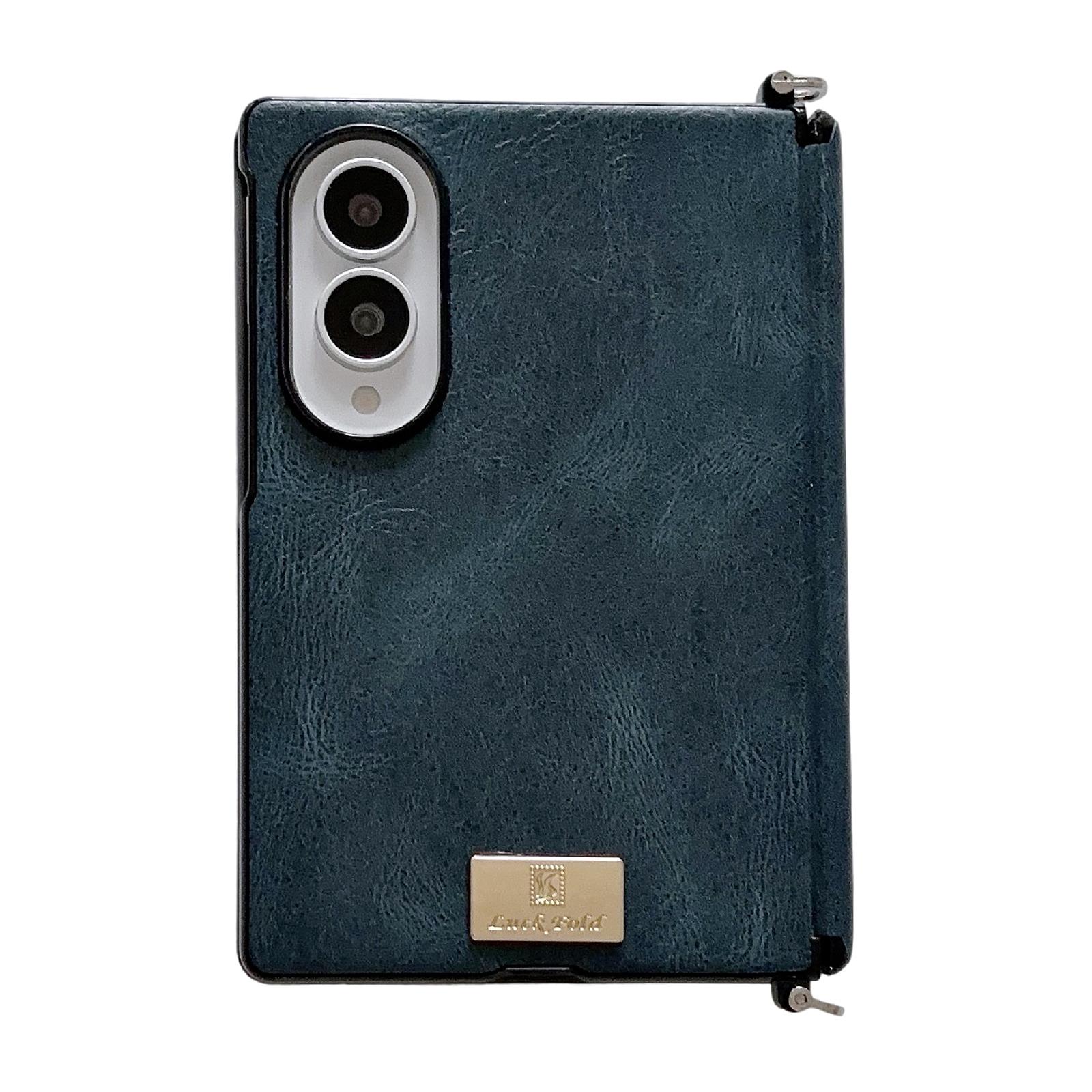 For Galaxy Z Fold8 5G Side Buckle Axis Magnetic Crazy Horse Pattern Nameplate Phone Case(Blue) - Shopkiz.com