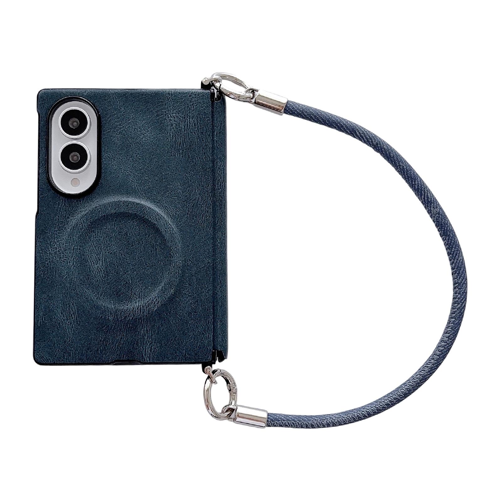For Galaxy Z Fold8 5G Side Clamp Hinge Crazy Horse Texture Magnetic Ring Leather Phone Case with Wrist Strap(Blue) - Shopkiz.com