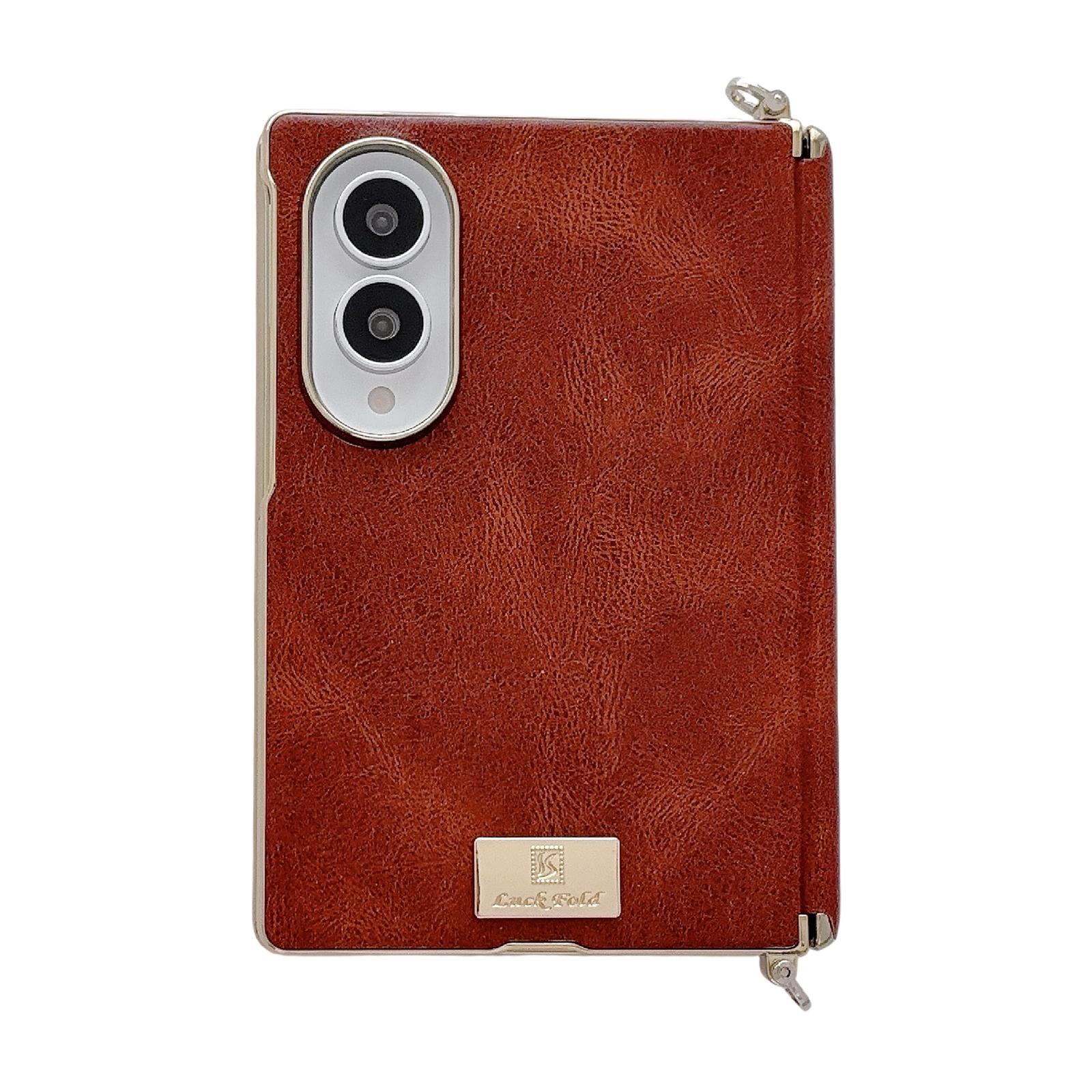 For Galaxy Z Fold8 5G Electroplated Side Buckle Axis Magnetic Crazy Horse Pattern Nameplate Phone Case(Dark Brown) - Shopkiz.com