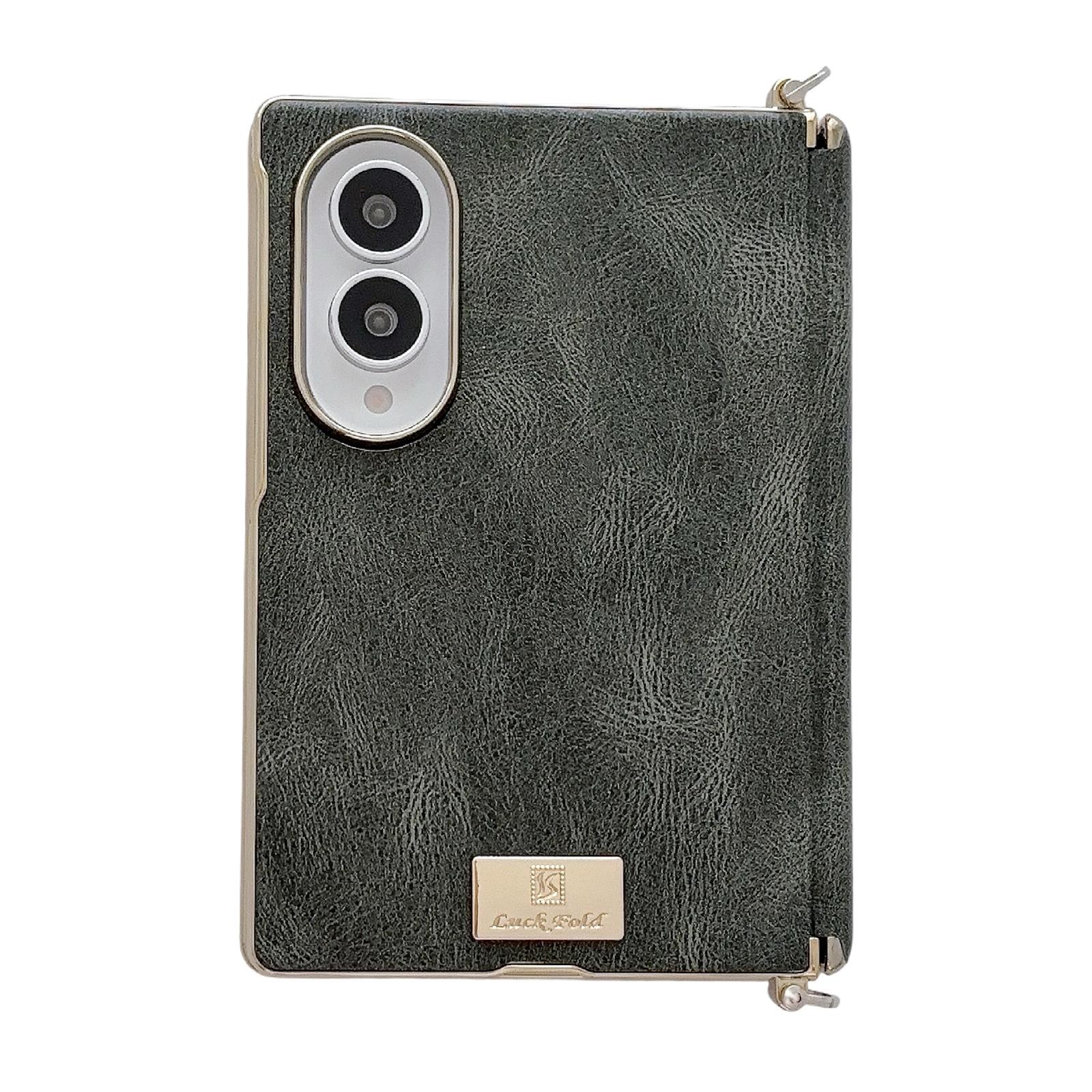 For Galaxy Z Fold8 5G Electroplated Side Buckle Axis Magnetic Crazy Horse Pattern Nameplate Phone Case(Green) - Shopkiz.com