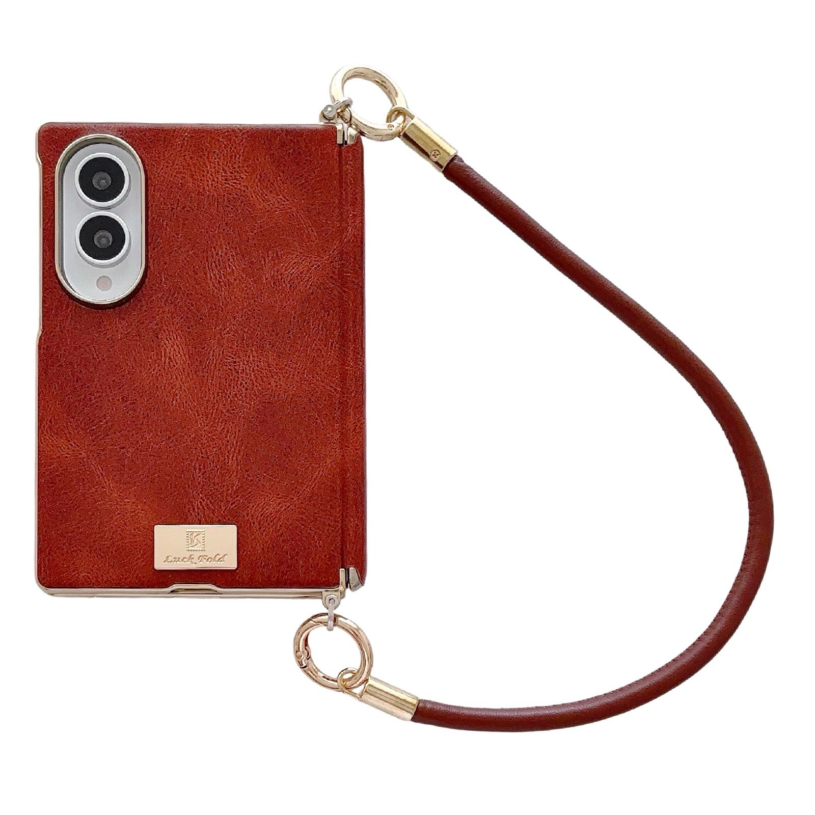 For Galaxy Z Fold8 5G Electroplated Side Buckle Axis Magnetic Crazy Horse Pattern Nameplate Phone Case with Wrist Strap(Dark Brown) - Shopkiz.com
