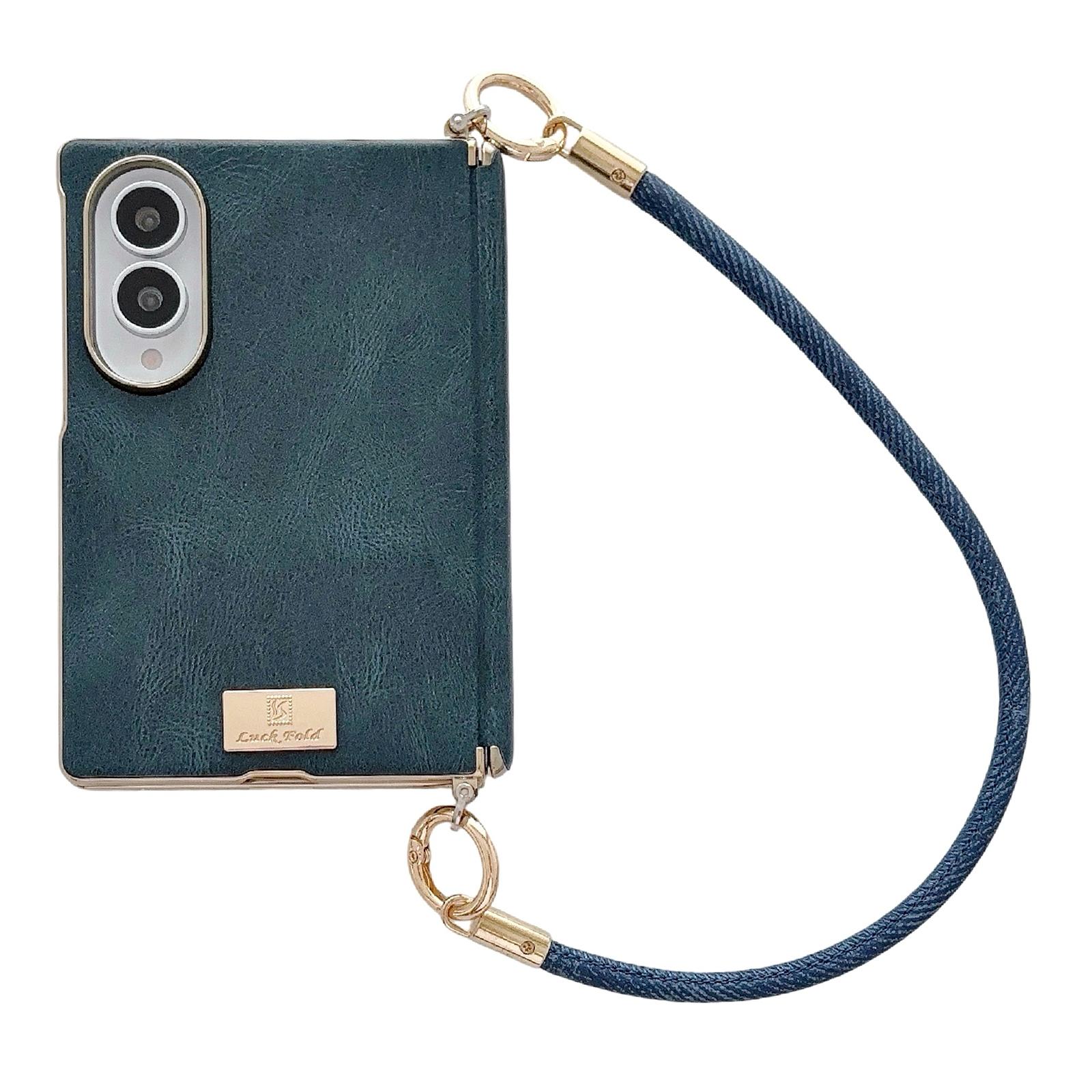 For Galaxy Z Fold8 5G Electroplated Side Buckle Axis Magnetic Crazy Horse Pattern Nameplate Phone Case with Wrist Strap(Blue) - Shopkiz.com