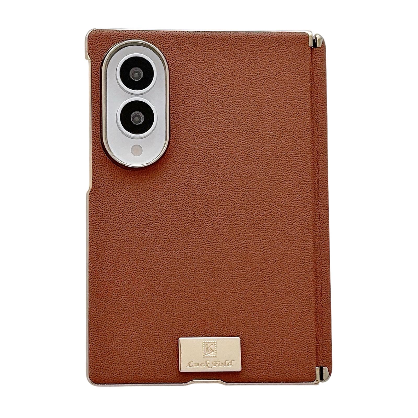 For Galaxy Z Fold8 5G Electroplated Central Axis Magnetic Supercar Textured Nameplate Phone Case(Brown) - Shopkiz.com