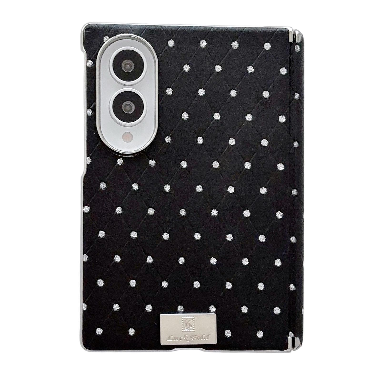 For Galaxy Z Fold8 5G Nameplate Electroplated Central Axis Magnetic Diamond Style Vegan Leather Phone Case(Black) - Shopkiz.com