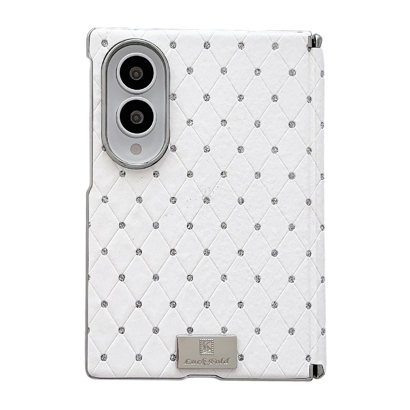 For Galaxy Z Fold8 5G Nameplate Electroplated Central Axis Magnetic Diamond Style Vegan Leather Phone Case(White) - Shopkiz.com
