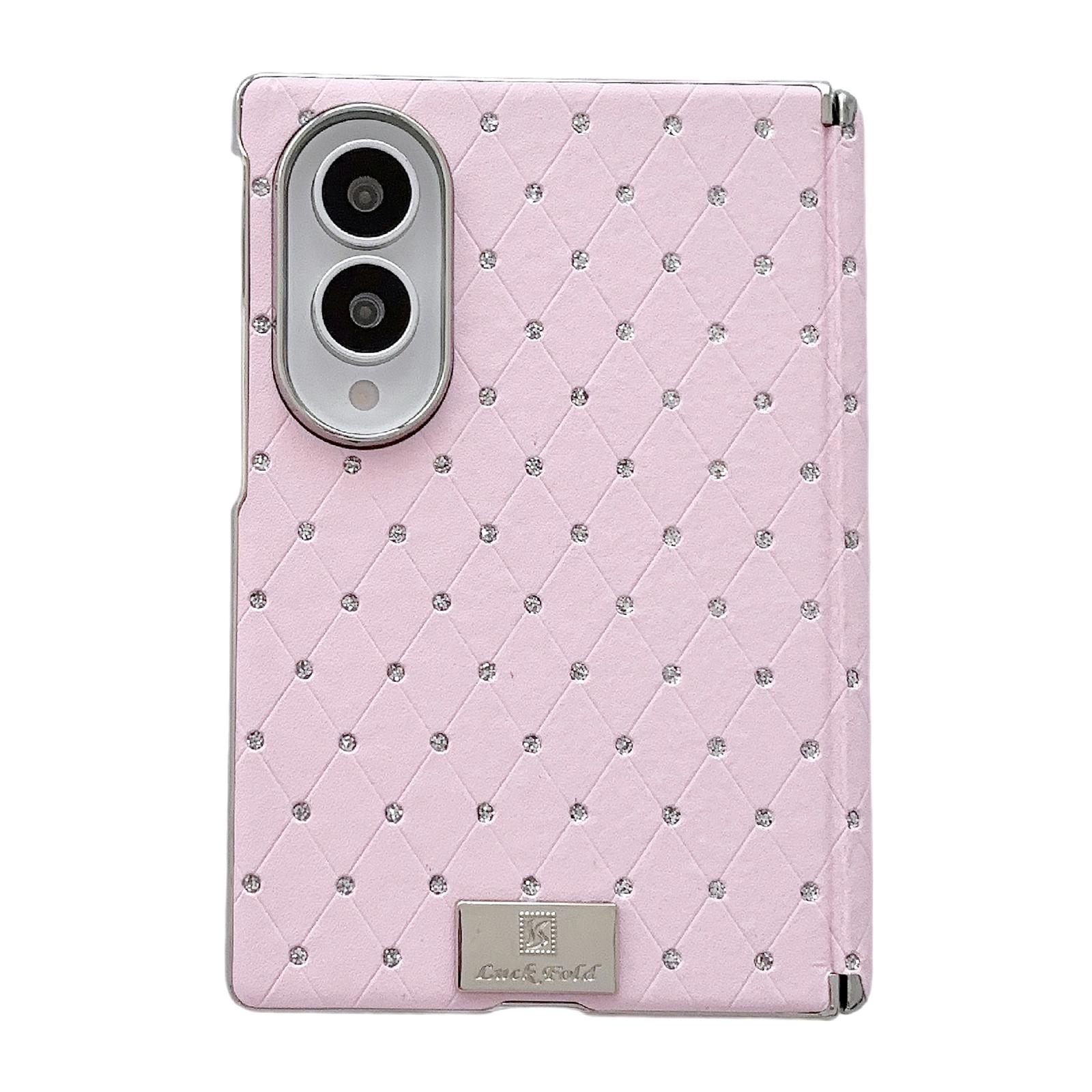 For Galaxy Z Fold8 5G Nameplate Electroplated Central Axis Magnetic Diamond Style Vegan Leather Phone Case(Pink) - Shopkiz.com