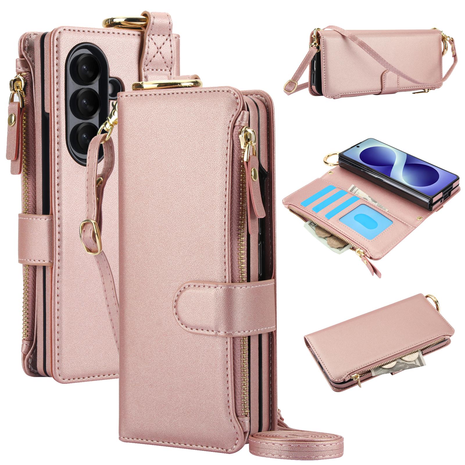 For Galaxy Z Fold8 Ultra 5G Crossbody Ring Multifunctional Wallet Leather Phone Case(Rose Gold) - Shopkiz.com
