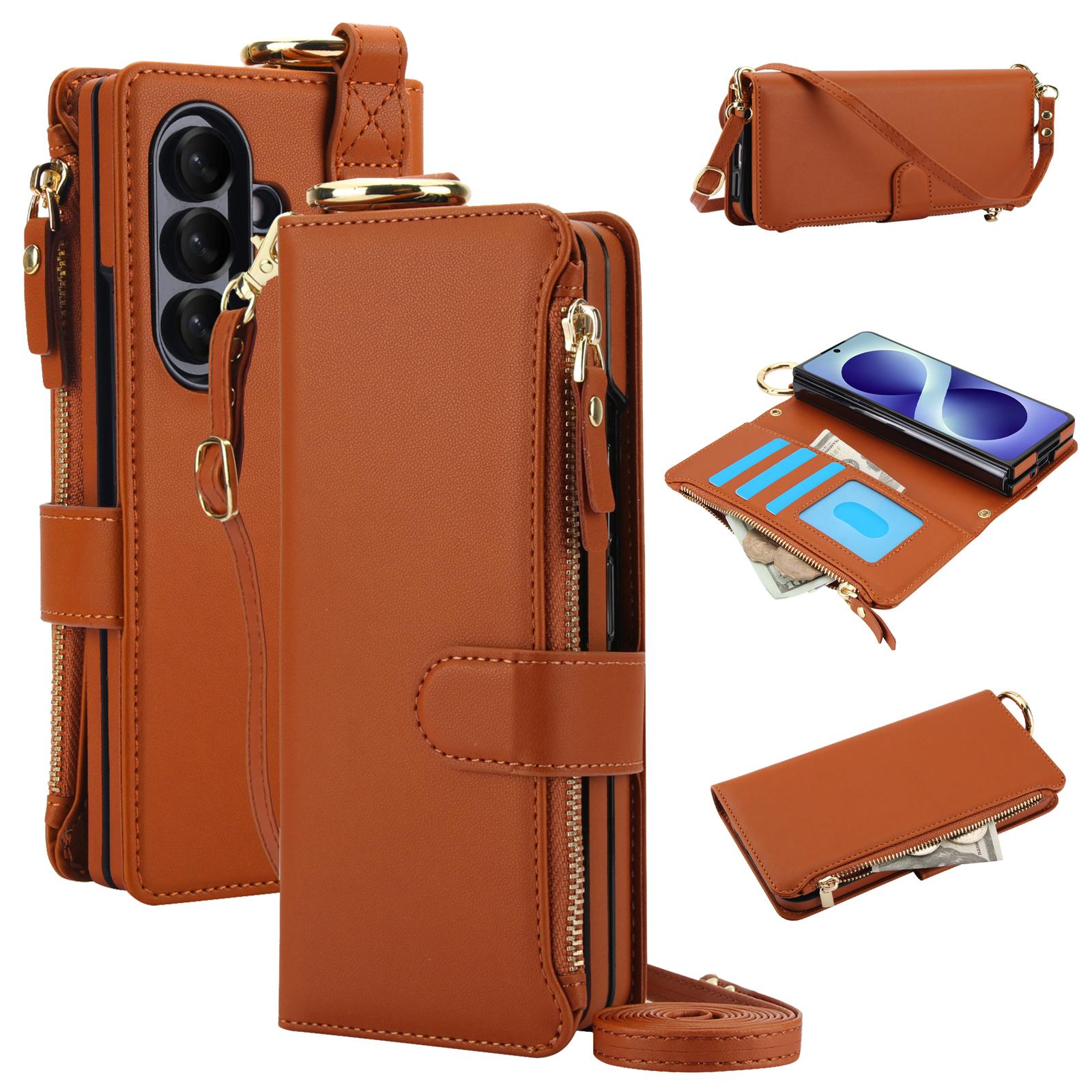 For Galaxy Z Fold8 Ultra 5G Crossbody Ring Multifunctional Wallet Leather Phone Case(Brown) - Shopkiz.com
